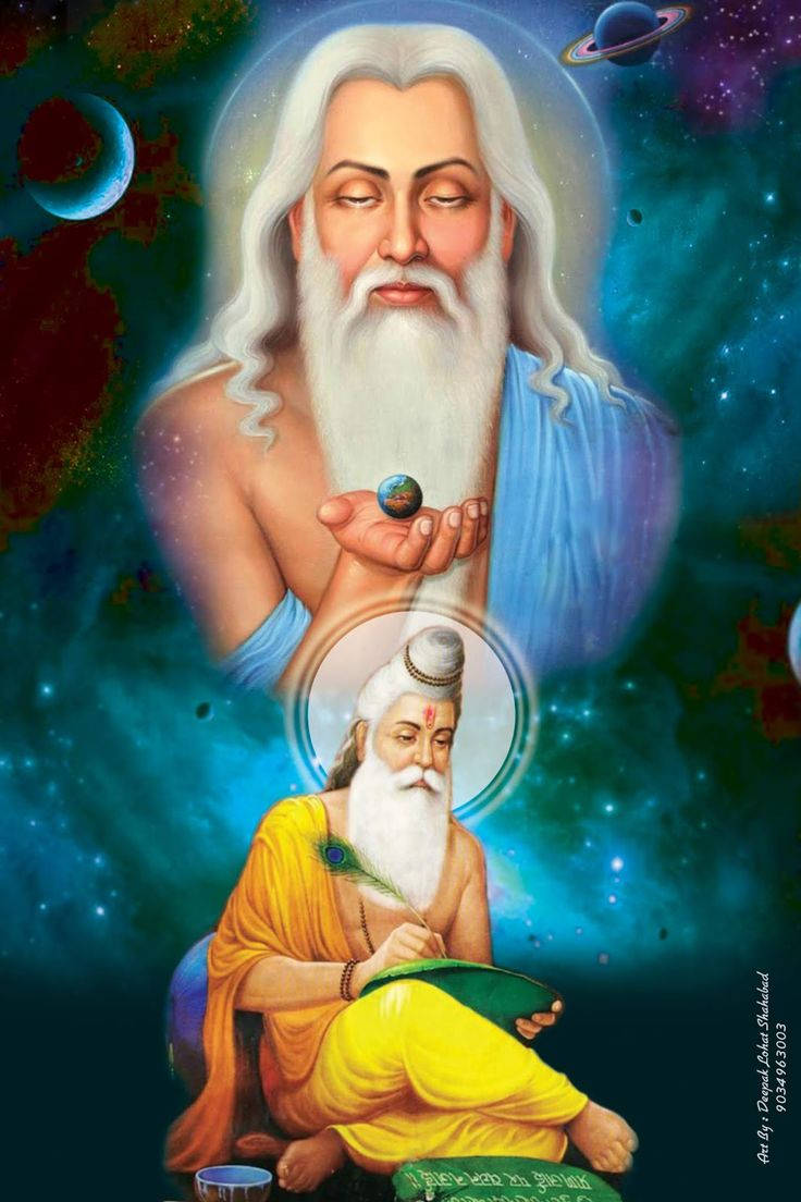 guru nanak dev ji 桌布 壁紙 — 一位白鬚神聖賢者手持地球儀，在他下方坐著另一位賢者在有行星的宇宙星空背景下書寫。