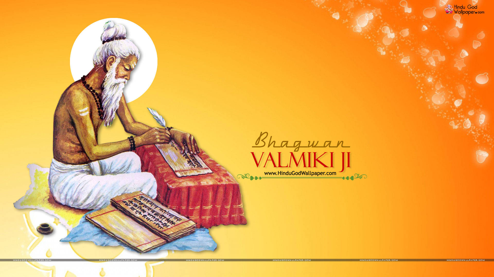 guru nanak dev ji 桌布 壁紙 — 一位白鬚老聖人坐在星形墊子上，在耀眼的橙色漸變背景下，在紅布上書寫神聖經文。