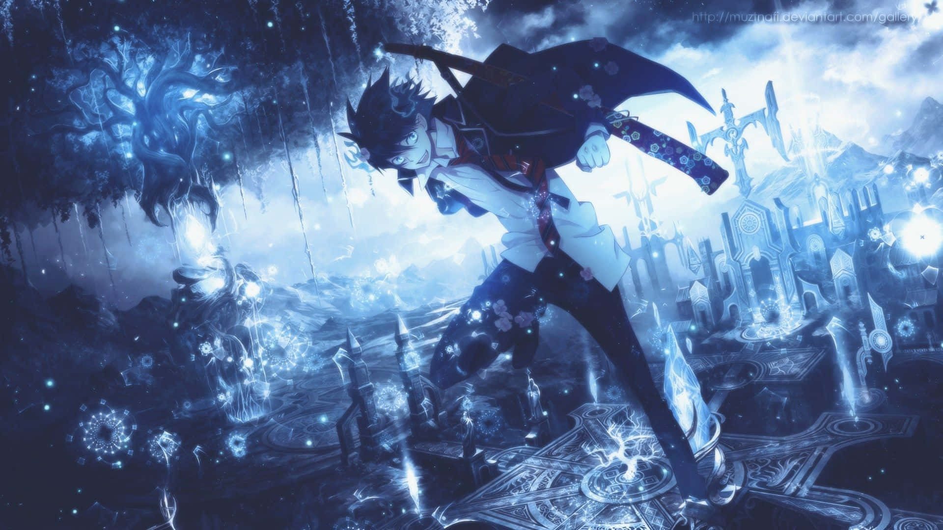 Blue Exorcist 桌布 壁紙 — 一位白黑配色、頭髮尖刺的動漫戰士在暴風雨天空下，動態地跳過發光的藍色魔法廢墟。