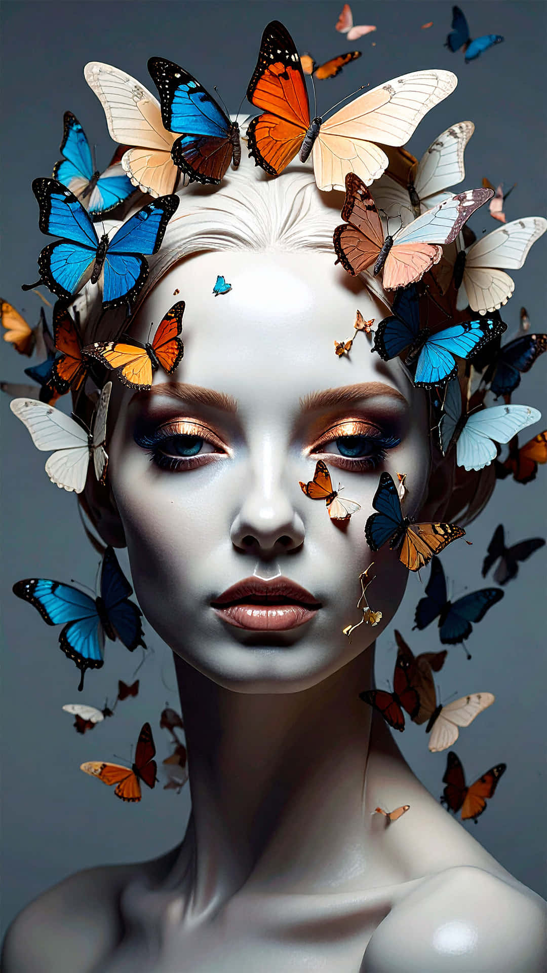Beautiful Woman 壁紙 — 一位皮膚蒼白、眼睛金黃的寧靜女性，在柔和的灰色背景上，戴著由鮮豔的藍色、橙色和白色蝴蝶組成的皇冠。