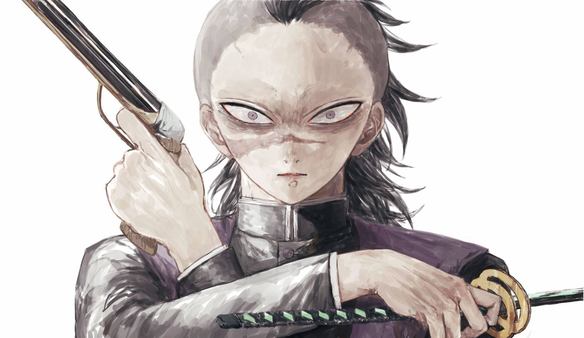 genya 桌布 壁紙 — 一位皮膚蒼白、眼神銳利的兇猛動漫戰士，在純白背景下緊握劍和霰彈槍。