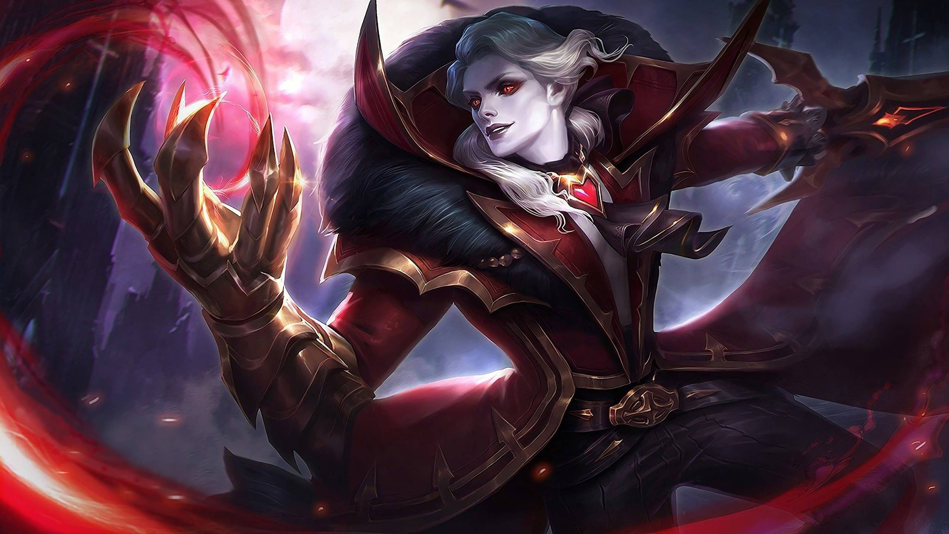 Mobile Legends 動態圖 桌布 壁紙 — 一位皮膚蒼白、紅眼的黑暗奇幻戰士，在暴風雨背景下穿著華麗盔甲引導深紅能量。