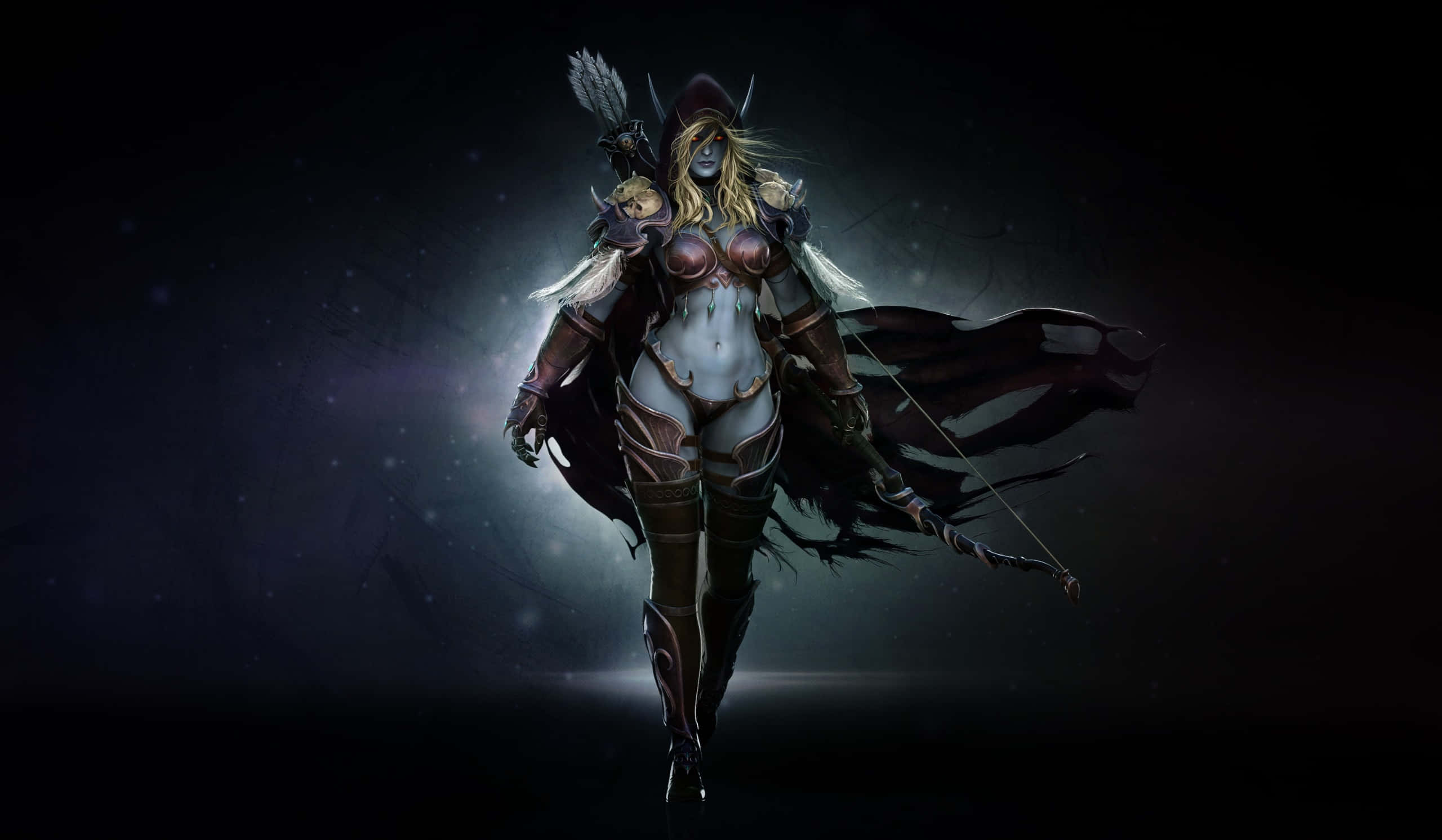 Sylvanas Windrunner 桌布 壁紙 — 一位皮膚蒼白、金髮飄逸的黑暗奇幻女戰士，身穿華麗盔甲，在繁星點點的夜空背景下大步向前。