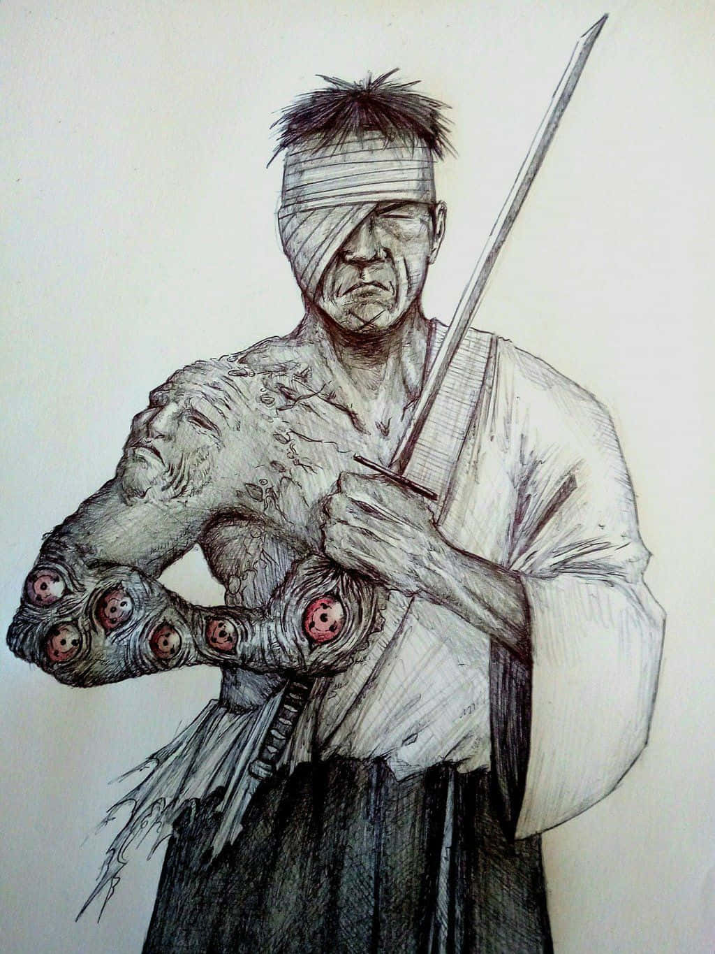 Danzo Shimura 桌布 壁紙 — 一位盲人武士穿著傳統長袍，手持劍，以平靜的表情擁抱著一個多眼的怪異生物。