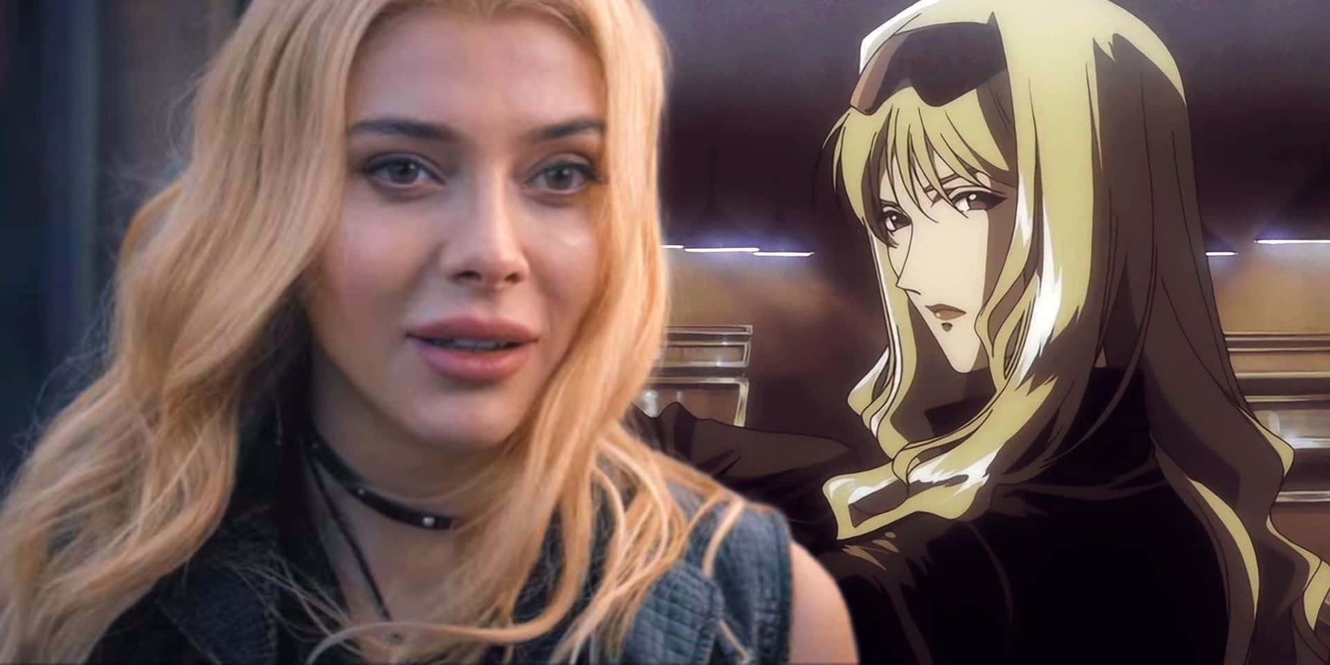 Cowboy Bebop Julia 桌布 壁紙 — 一位真人金髮女郎和一位戴帽子的動漫風格金髮女郎在分割畫面構圖中向前凝視。