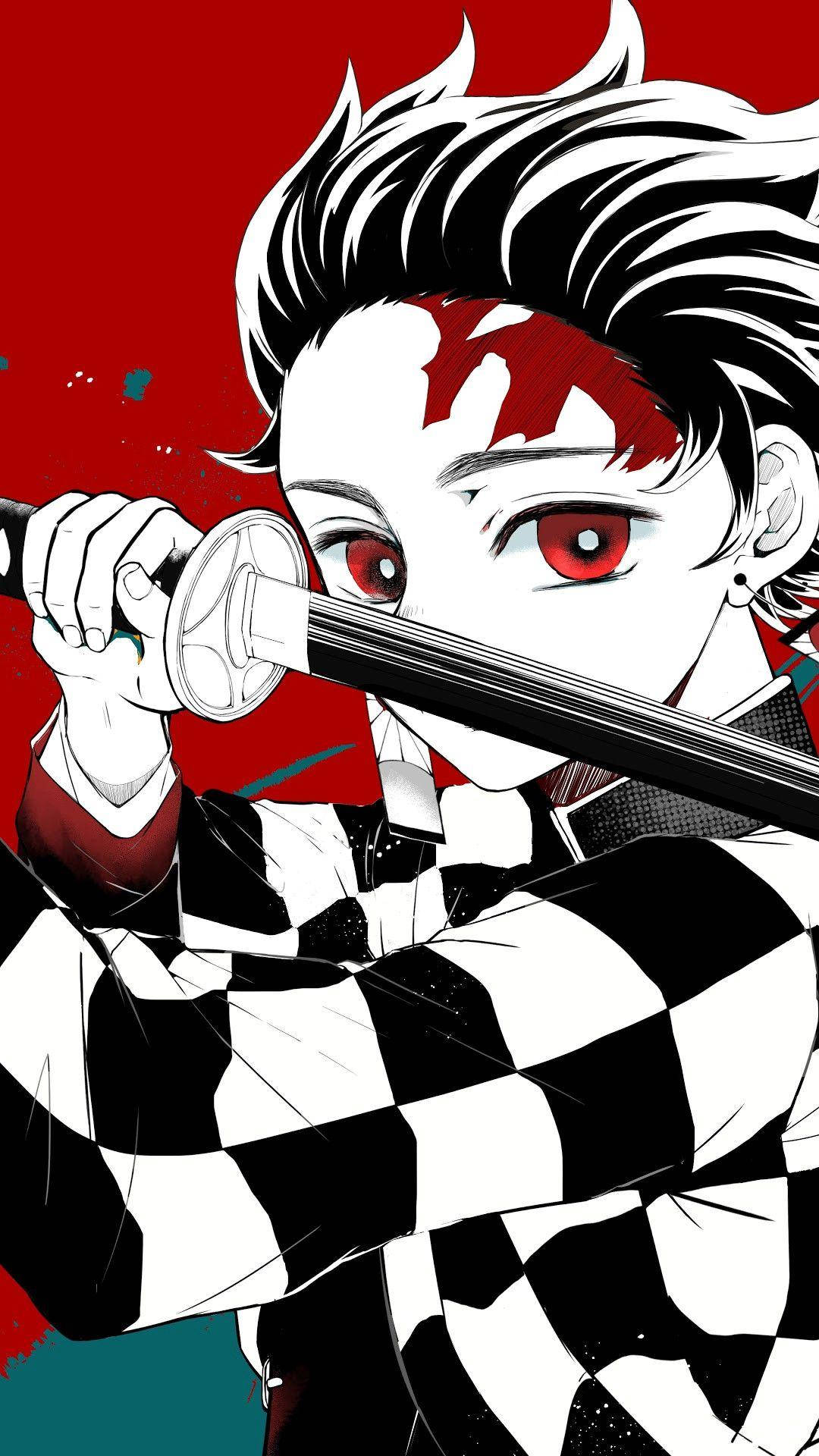 Demon Slayer Phone 桌布 壁紙 — 一位眼神兇猛、紅眼、身穿格紋和服的動漫戰士，在鮮紅背景前緊握著劍。