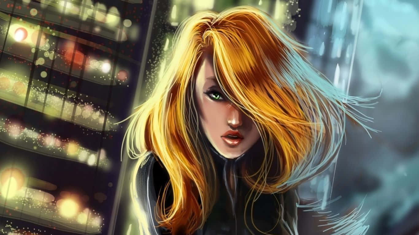 kim possible 桌布 壁紙 — 一位眼神兇猛的金髮碧眼女子，在模糊的城市景觀中，閃爍的燈光和雨水襯托下，凝視著前方。