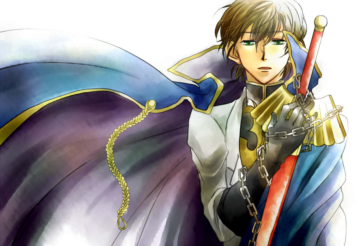 Suzaku Kururugi 桌布 壁紙 — 一位眼神堅定的動畫騎士，綠色眼睛，在帶有金色飾邊的飄逸藍紫斗篷下握著一把紅色劍。