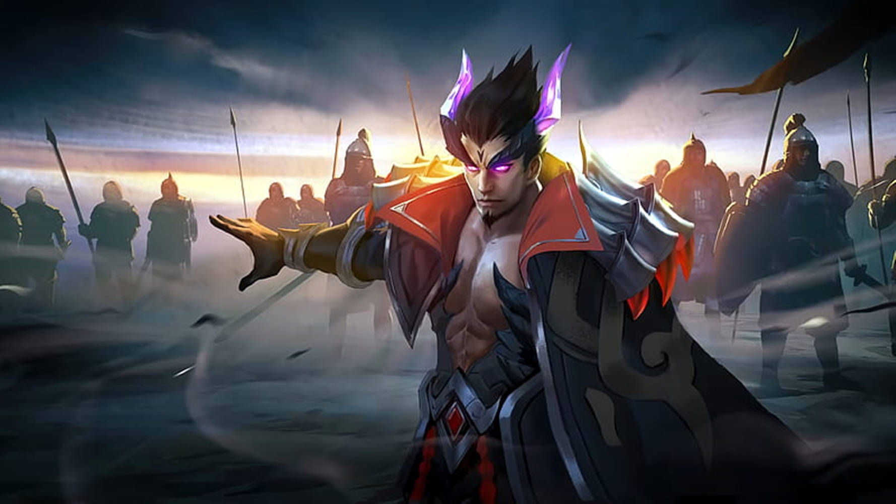 heroes 桌布 壁紙 — 一位眼神散發紫色光芒、頭髮尖刺的兇猛戰士，在日落時分挑釁地站在軍隊面前，散發著神秘的氣息。