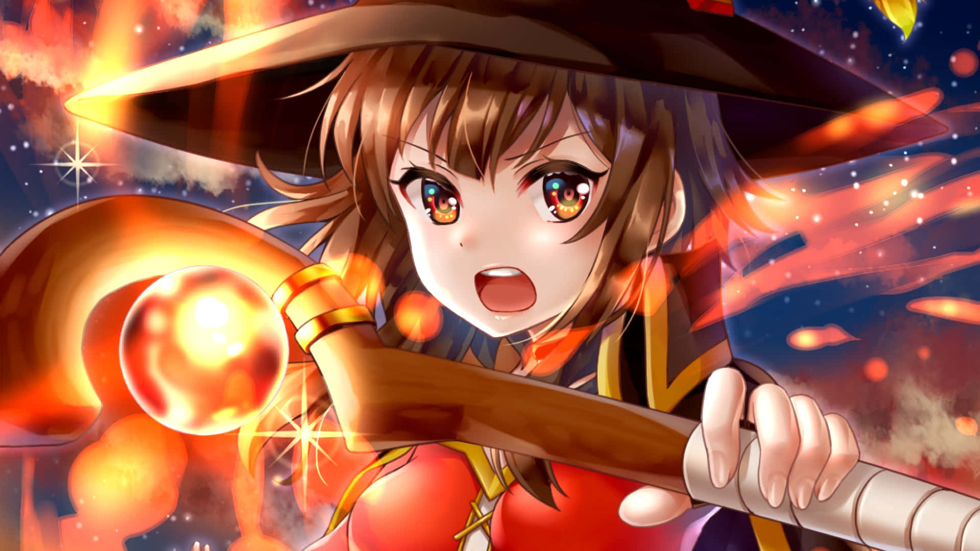 Konosuba 桌布 壁紙 — 一位眼神火熱的開朗動漫女巫，在星光燦爛的暮色天空中揮舞著發光的法杖。