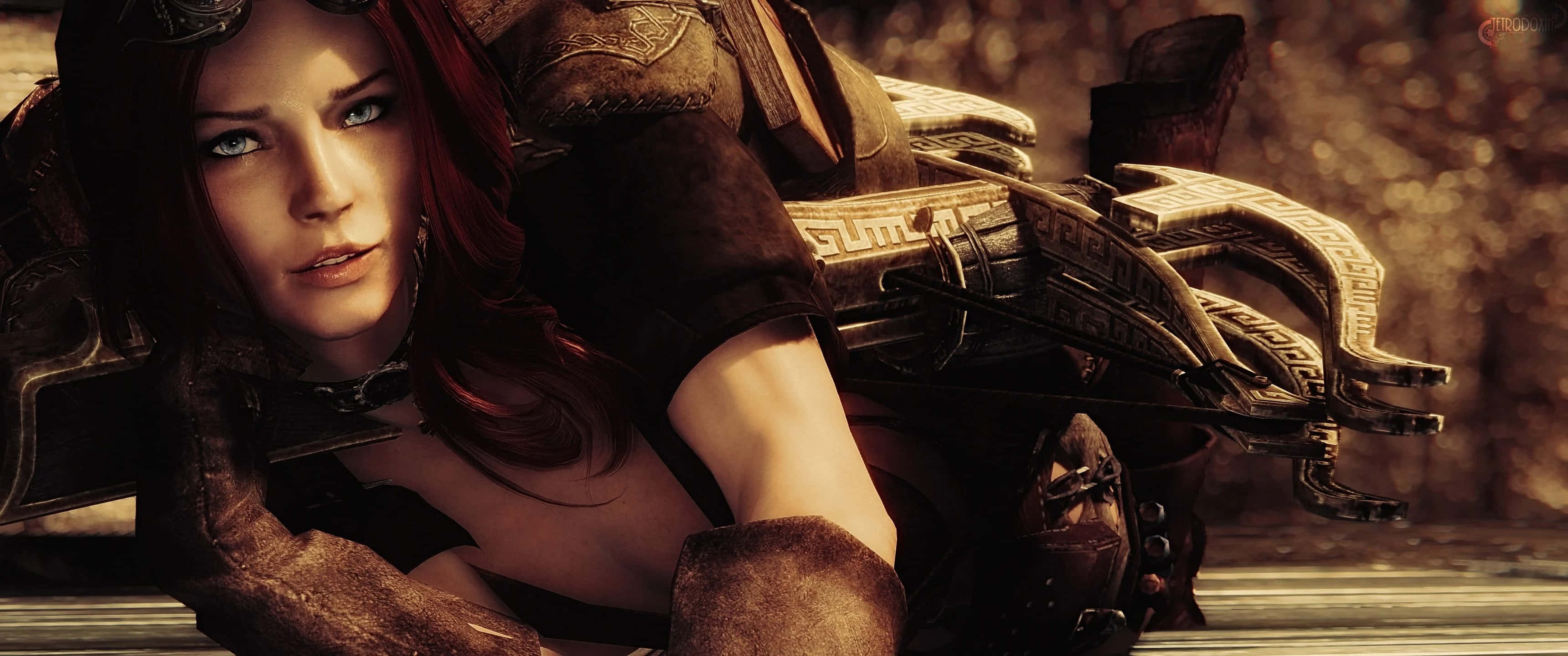 3440x1440p The Elder Scrolls V Skyrim 桌布 壁紙 — 一位眼神發光的兇猛紅髮戰士，在昏暗的森林中手持精緻的十字弓。