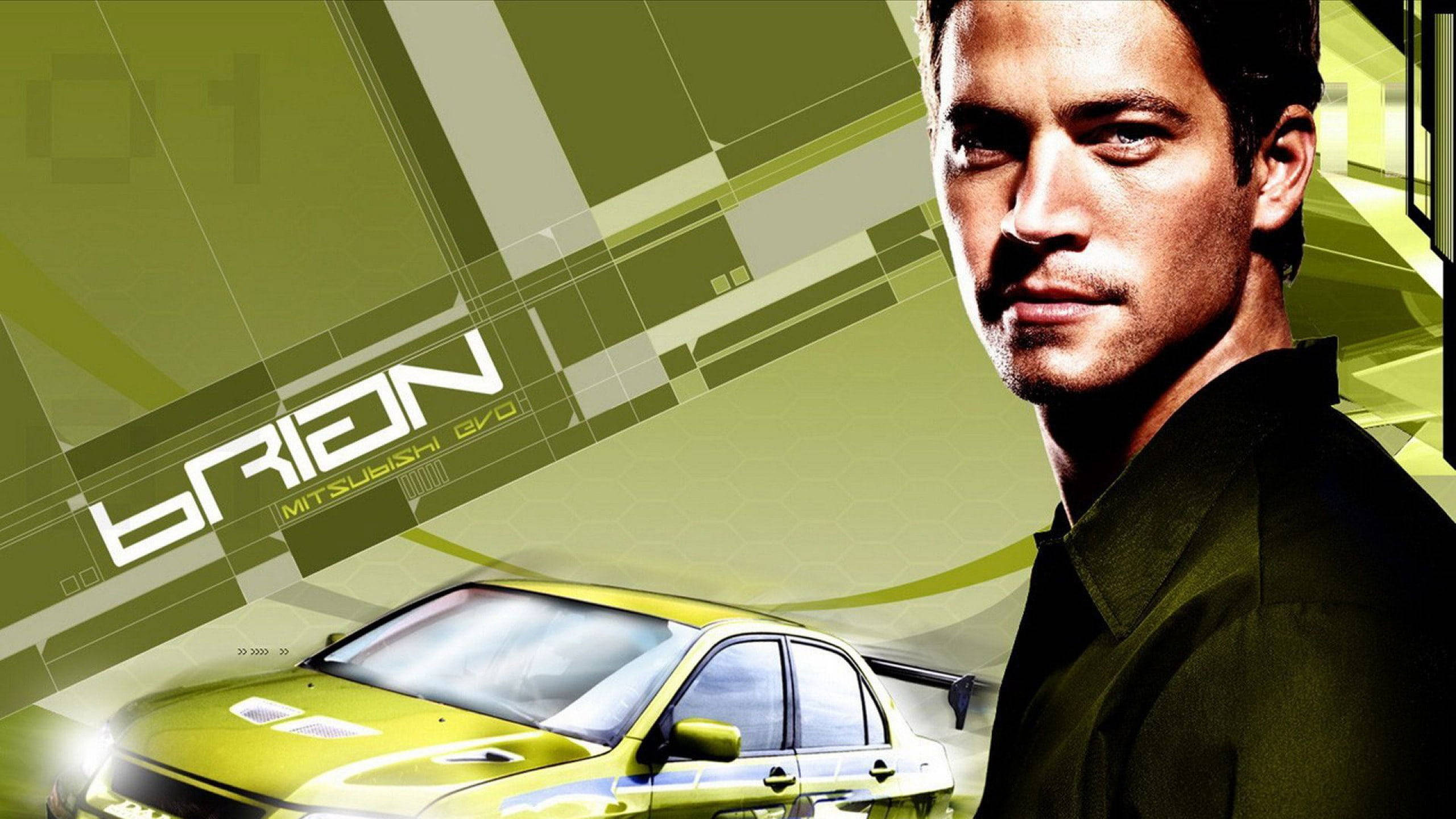 Paul Walker 桌布 壁紙 — 一位眼神銳利的男子站在一輛萊姆綠色的三菱Lancer Evo旁邊，背景為大膽的幾何圖案。