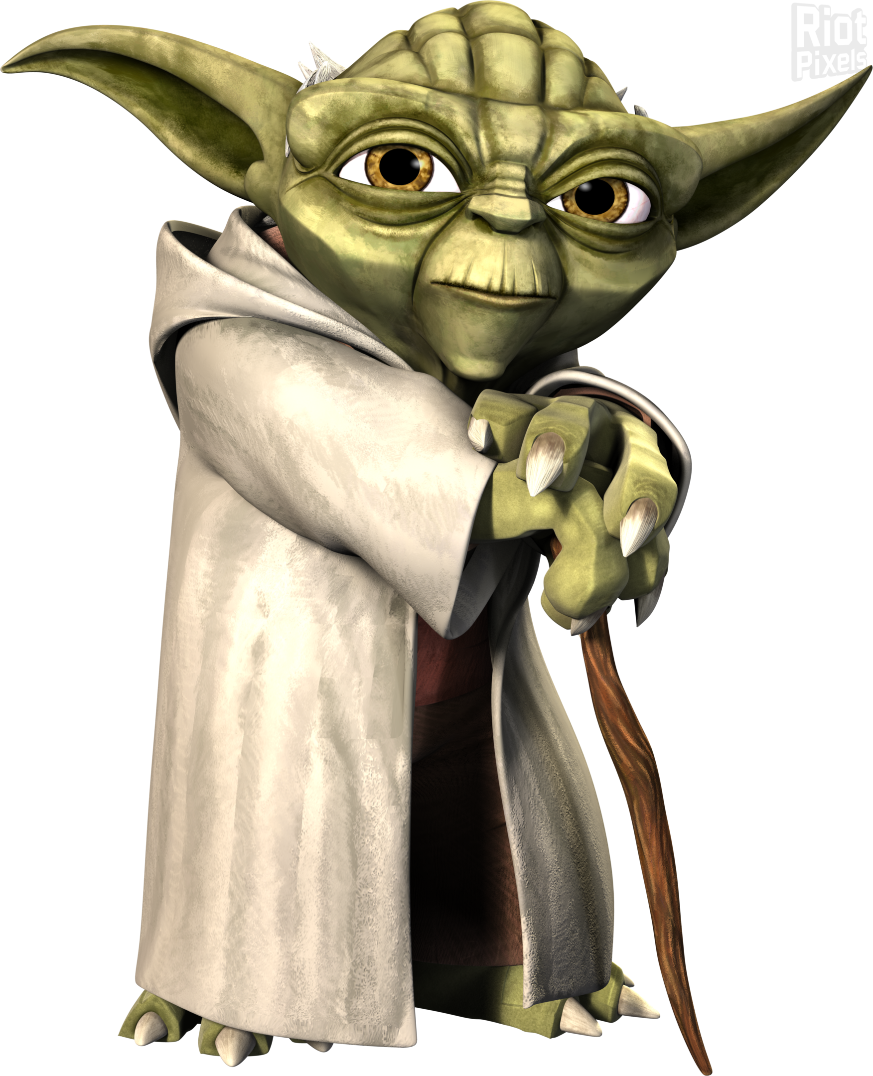 Yoda 桌布 壁紙 — 一位睿智的綠色絕地大師尤達身穿白色長袍，在黑色背景前手持木杖。