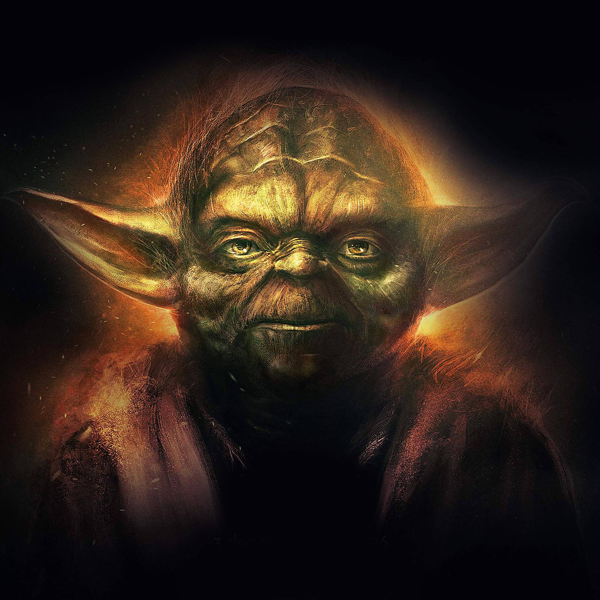Star Wars iPad 桌布 壁紙 — 一位睿智的老絕地大師尤達，在黑暗背景下被溫暖的金色光芒照亮。