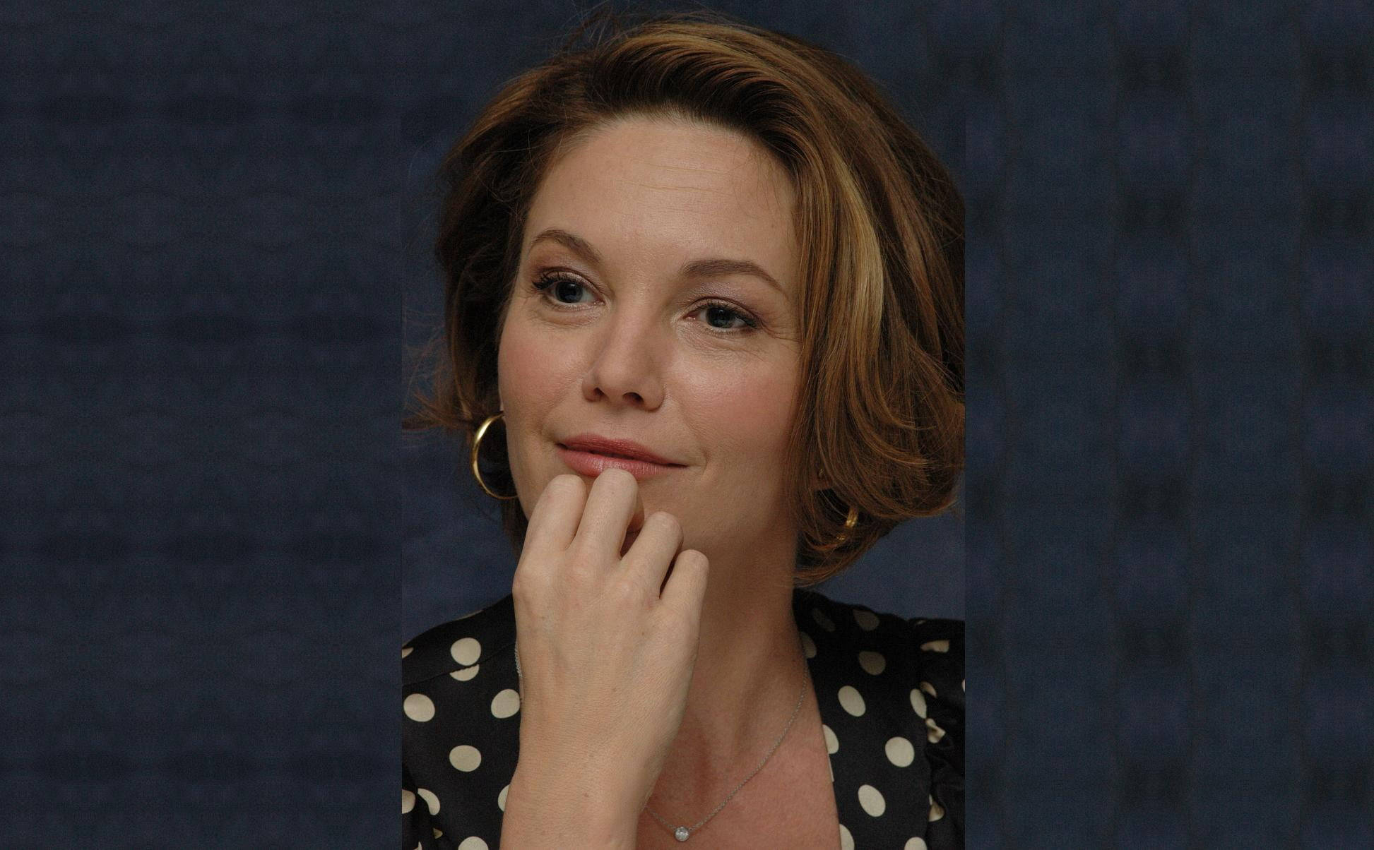 Diane Lane 桌布 壁紙 — 一位短棕髮、戴金色圓環耳環的女性，在深藍色紋理背景前將下巴擱在手上。