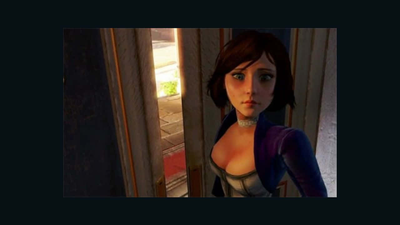 Bioshock Characters 桌布 壁紙 — 一位短棕髮、身穿紫色外套的女性站在門口，陽光從她身後照射進來。