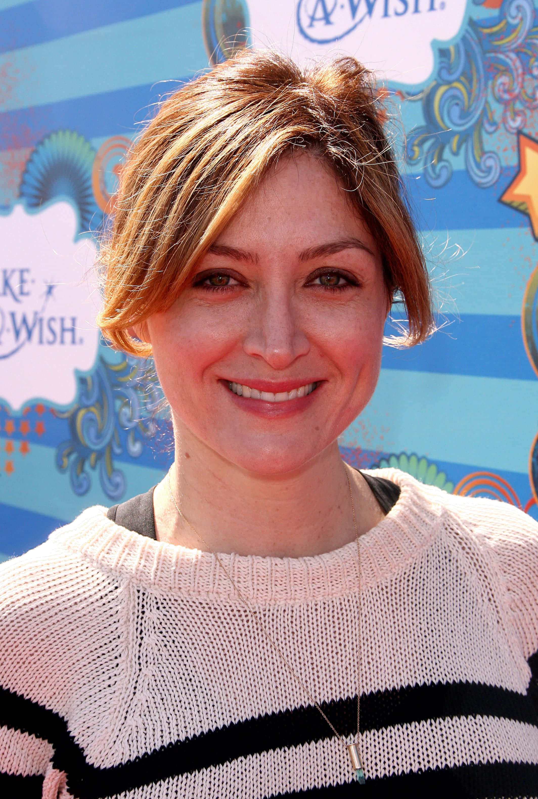 Sasha Alexander 桌布 壁紙 — 一位短棕髮微笑的女性，穿著黑白條紋毛衣，背景是色彩繽紛的活動場景。
