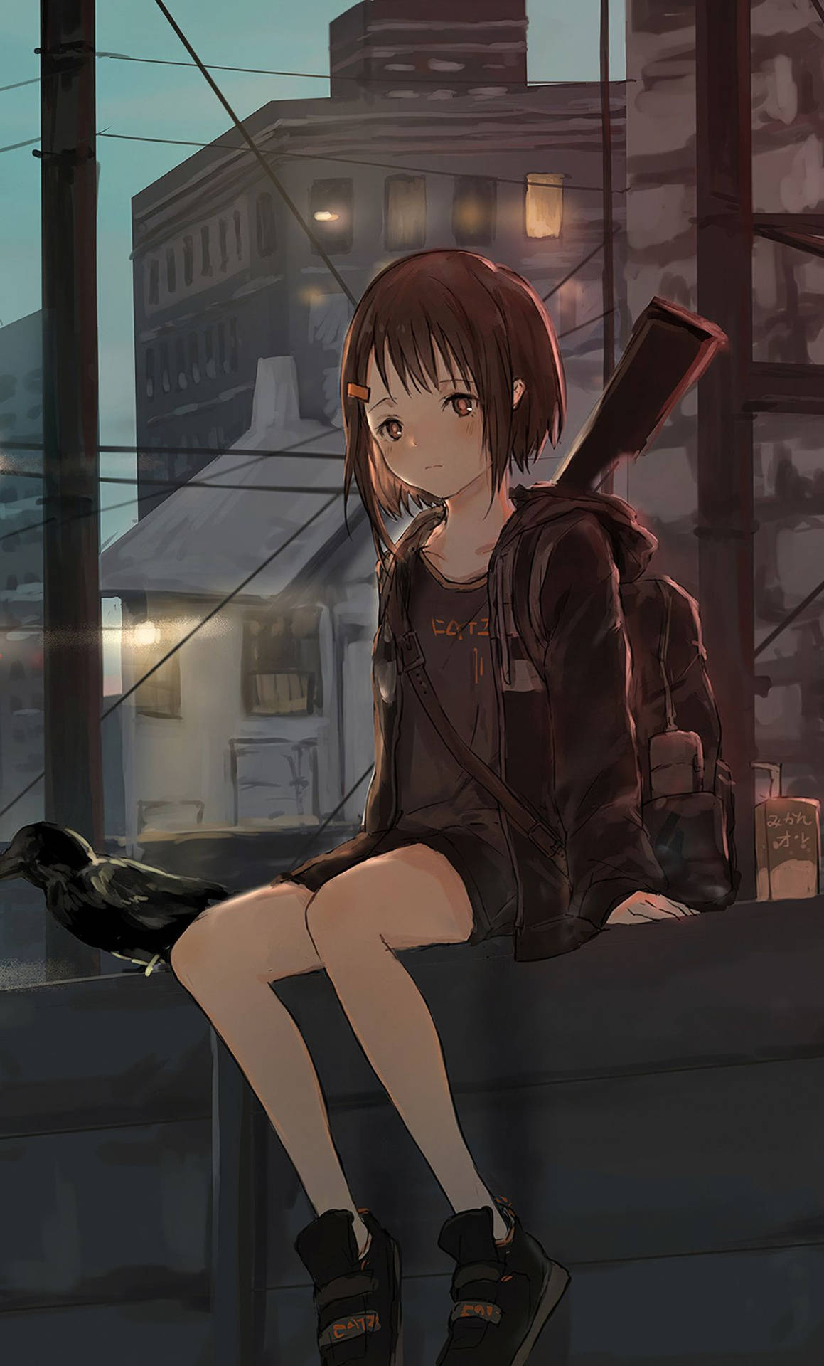 動漫女孩與烏鴉在屋頂上，背景是暮色中的城市天際線。 — 憂鬱動漫女孩 GIF 壁紙