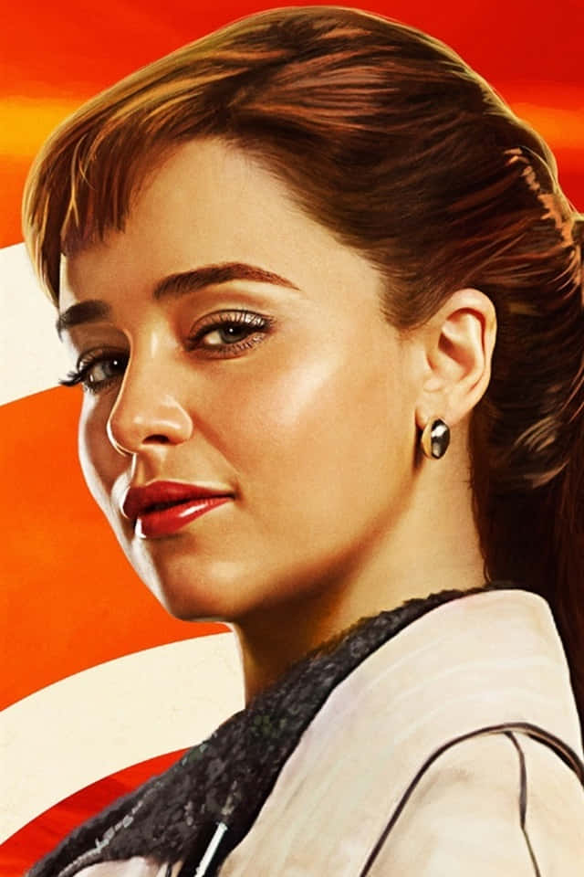 Solo A Star Wars Story 桌布 壁紙 — 一位短棕髮紅唇的女性，在火熱的橙色和白色條紋背景前溫柔地凝視。