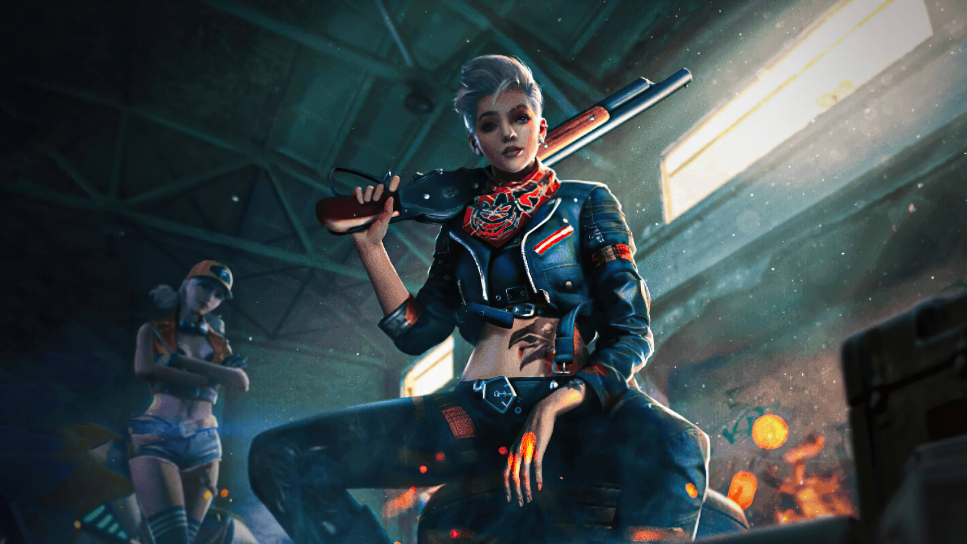 Free Fire 嘻哈 桌布 壁紙 — 一位短灰髮、戴紅色頭巾的兇猛女戰士，在骯髒的工業倉庫中，被戲劇性的光線照射，手持霰彈槍。