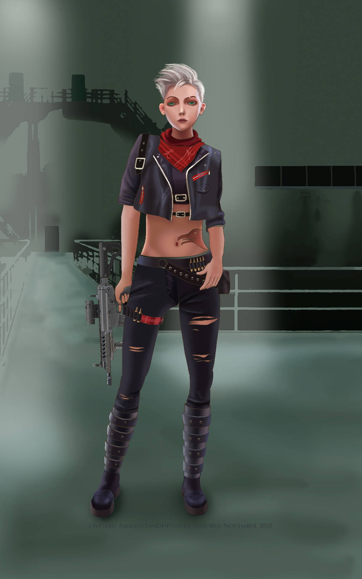 Free Fire 桌布 壁紙 — 一位短白髮紅眼的賽博龐克風格女戰士，站在昏暗的工業走廊中，手持步槍。