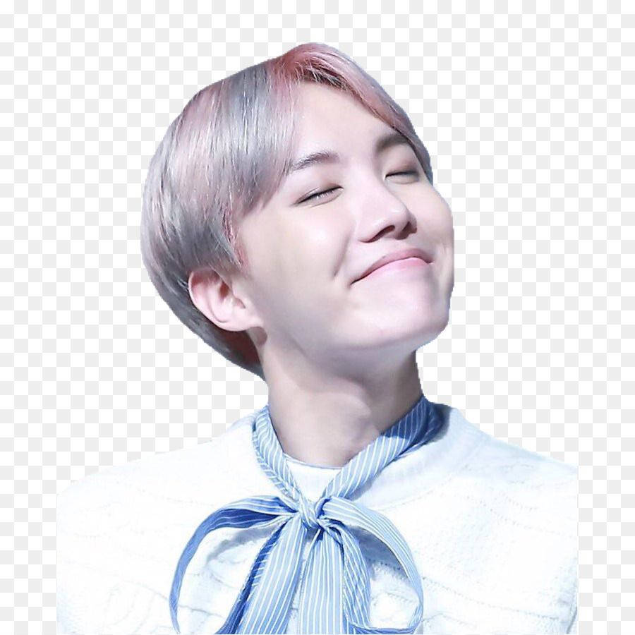 jhope 桌布 壁紙 — 一位短粉彩粉紅和銀色頭髮的年輕男子，閉著眼睛溫柔微笑，穿著白色質感上衣和藍色條紋蝴蝶結領結。