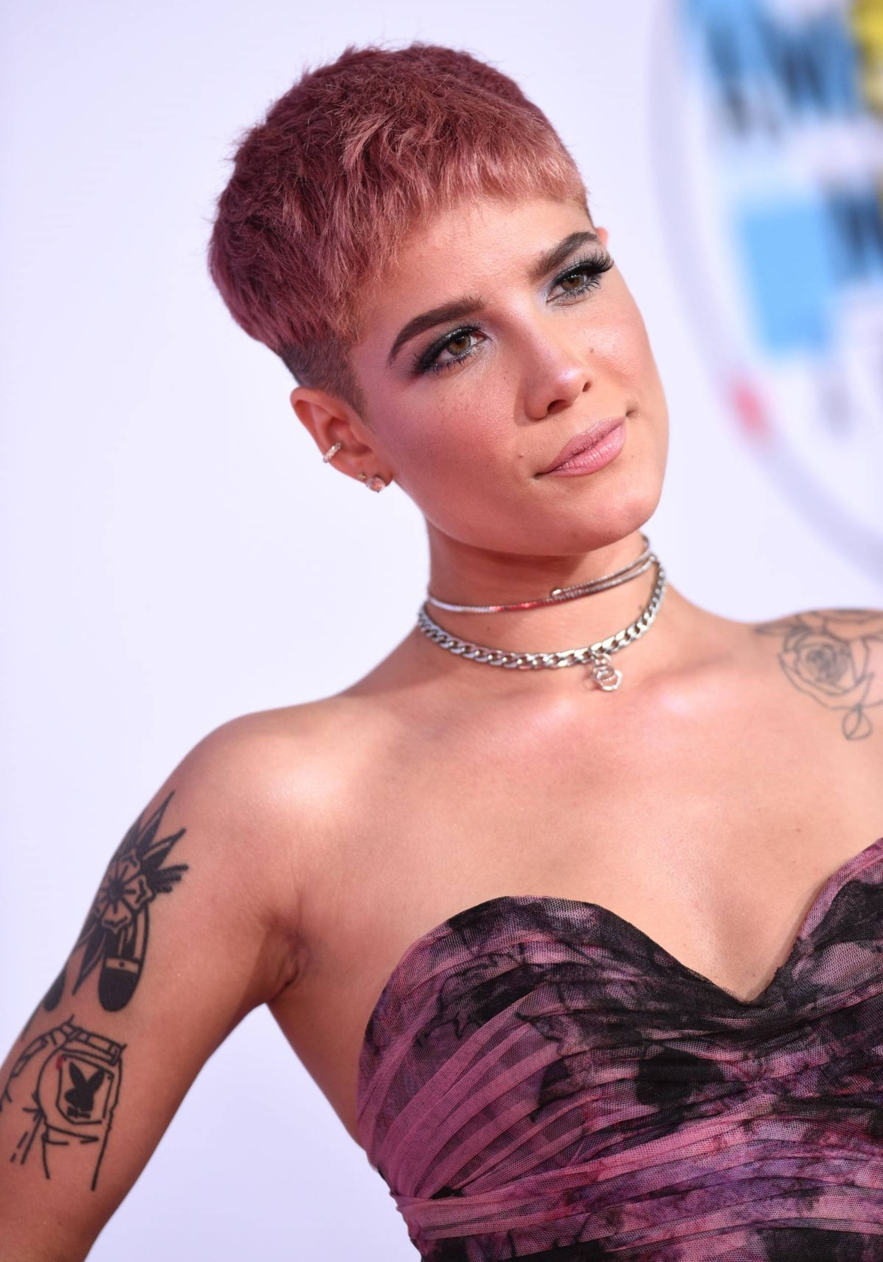 Halsey 桌布 壁紙 — 一位短粉紅髮、有刺青的女性，身穿紫色連衣裙和銀色頸鍊，背景為亮白色。