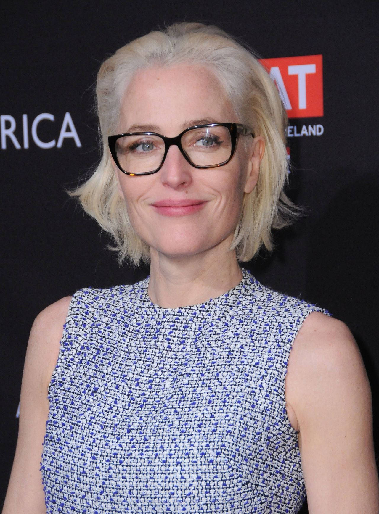 gillian anderson 桌布 壁紙 — 一位短金髮、戴黑框眼鏡的女性，穿著藍白紋理連衣裙，在活動中溫暖地微笑。