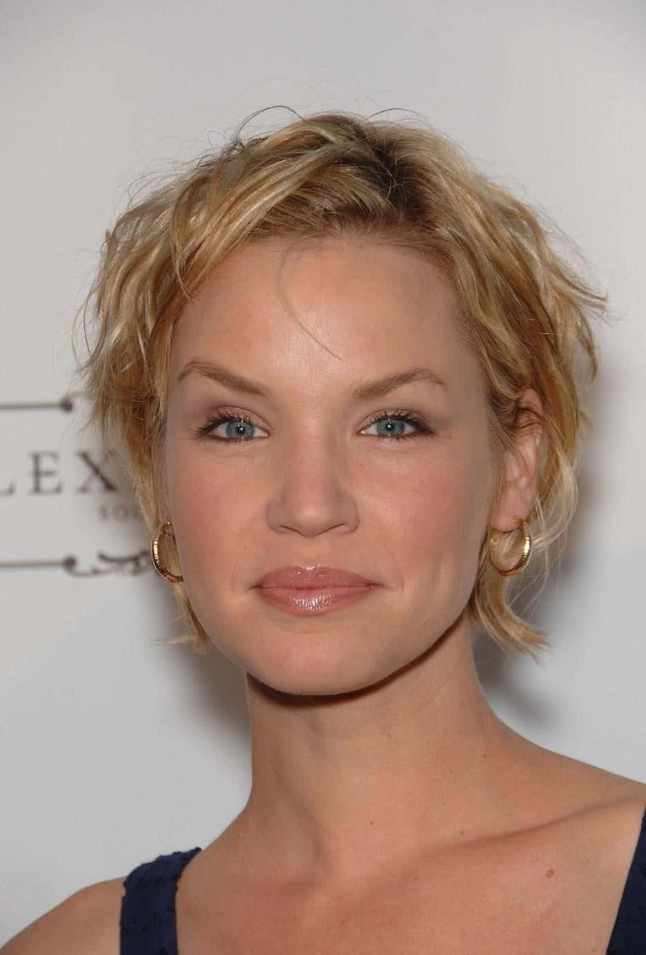 Ashley Scott 桌布 壁紙 — 一位短金髮亂髮、藍眼睛的女性戴著金色圓環耳環的特寫肖像。