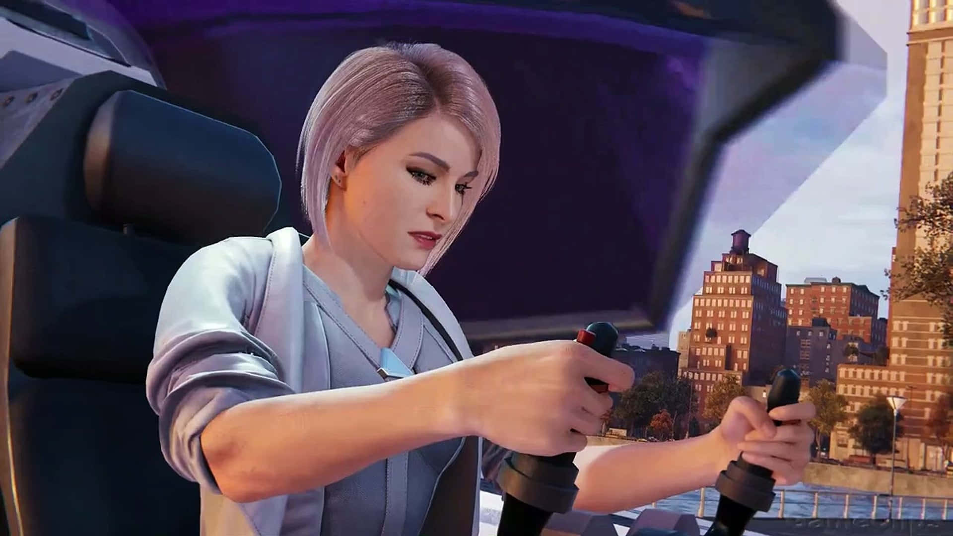 Silver Sable 桌布 壁紙 — 一位短銀髮女性在日落時分駕駛未來車輛穿過城市景觀。