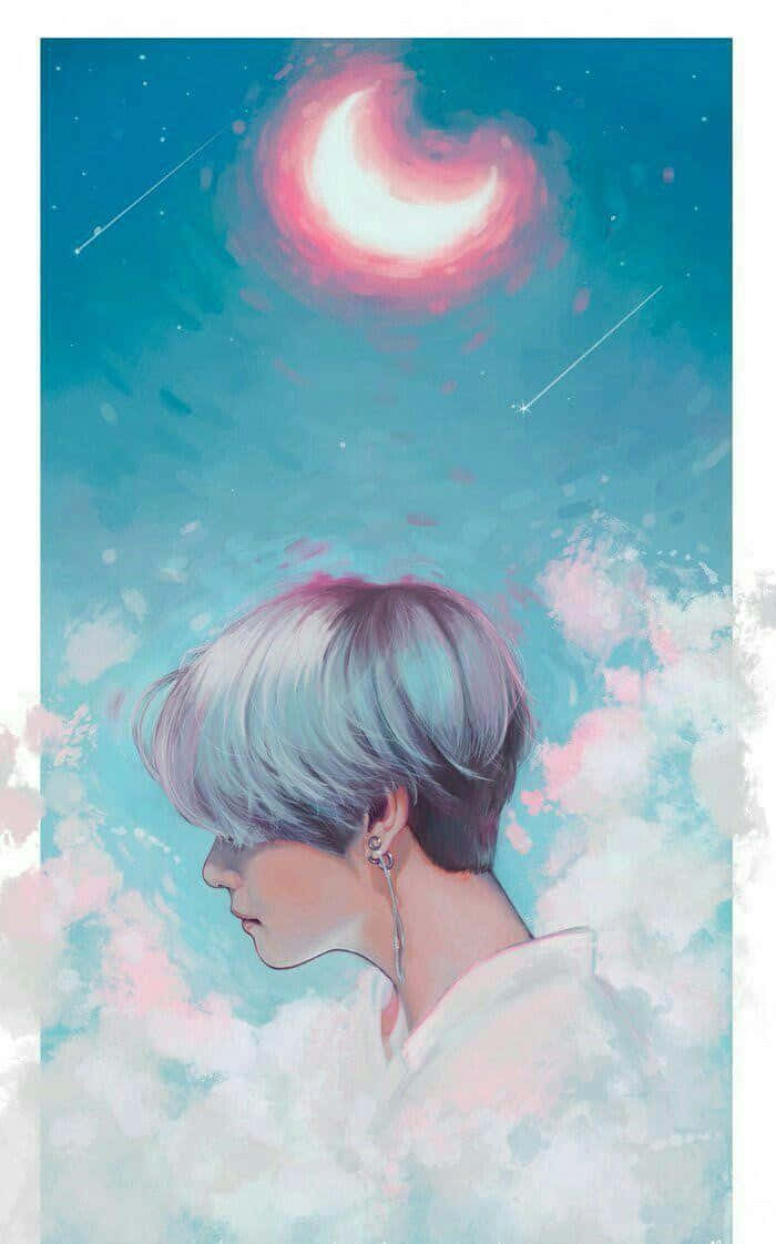 Bts Fanart 桌布 壁紙 — 一位短銀髮的年輕人仰望粉紅色的新月和流星，周圍是柔和的粉彩雲朵。