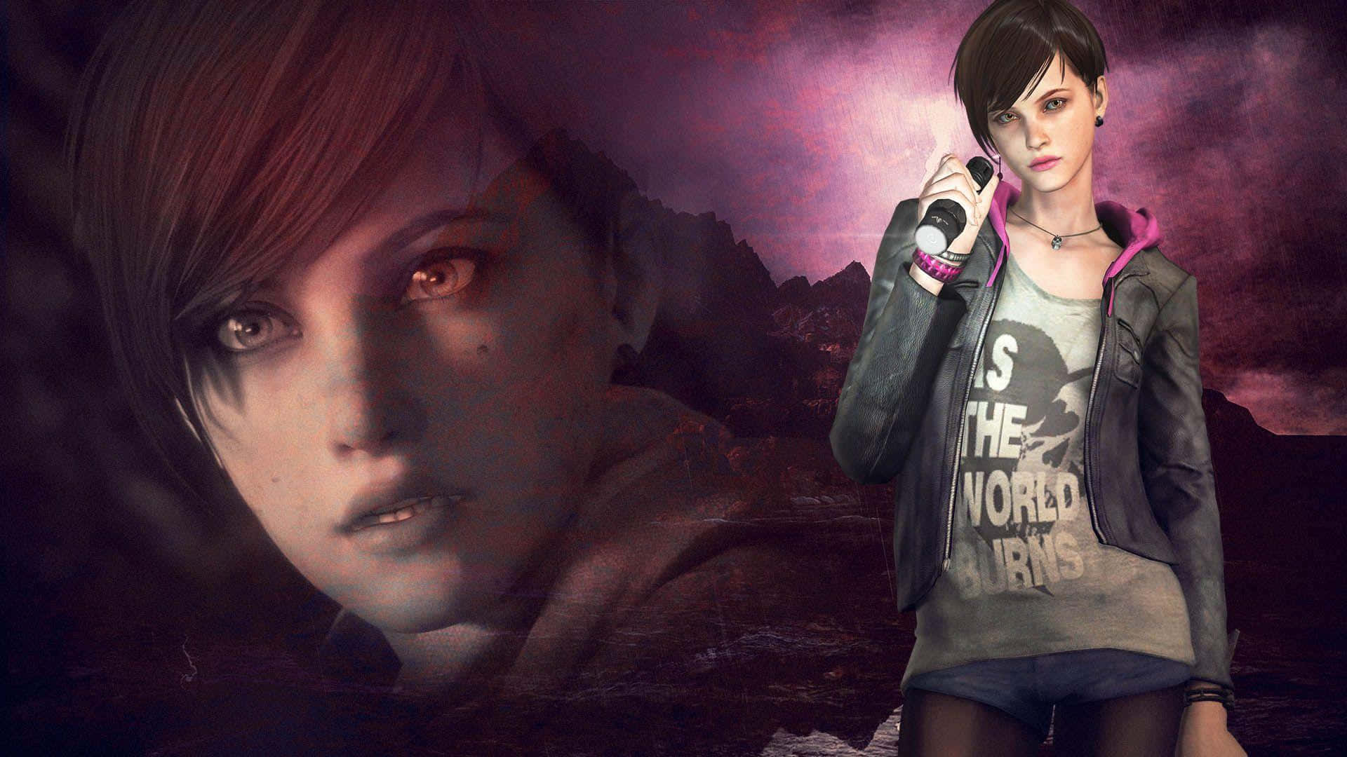 Resident Evil Revelations 2 桌布 壁紙 — 一位短髮、眼睛發光的年輕女性站在深紫色多山的天空下，手持一個罐子。