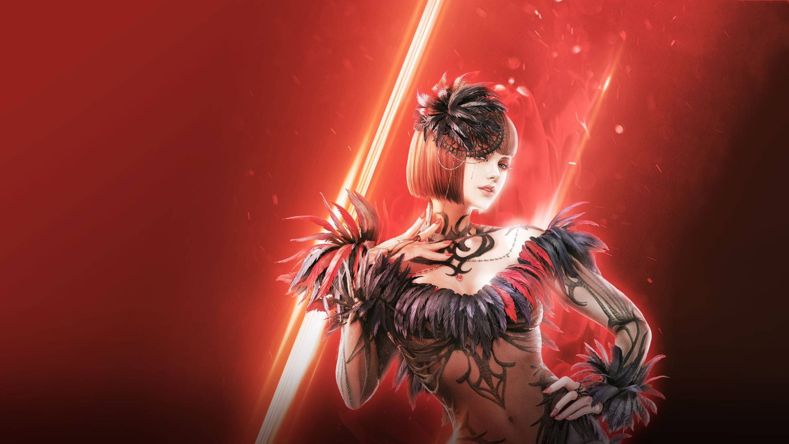 Tekken 桌布 壁紙 — 一位短髮、身穿羽毛盔甲的兇猛動漫女戰士，在火紅背景下揮舞著發光的劍。