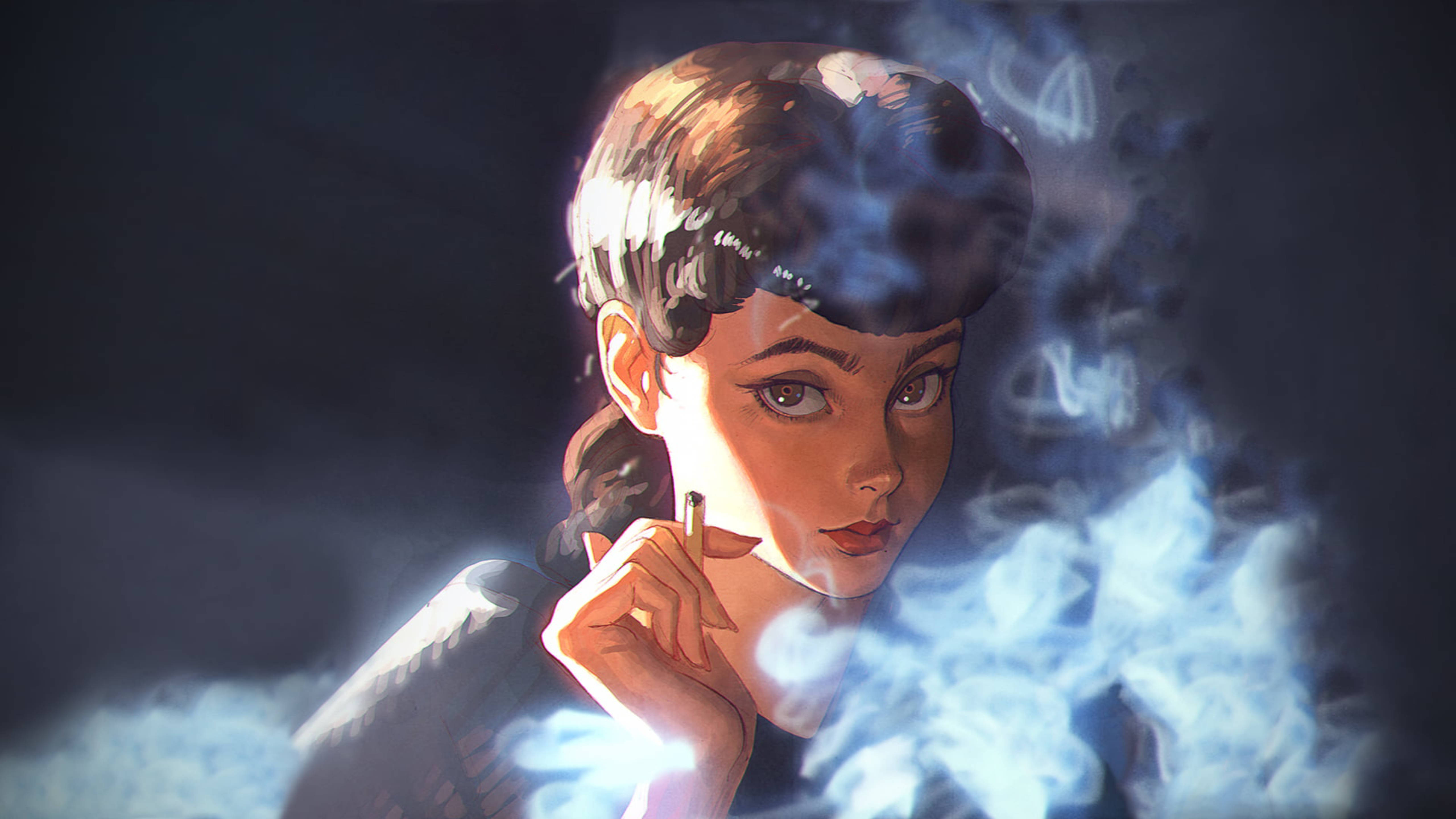 blade 桌布 壁紙 — 一位短髮的風格化女性在黑暗背景下呼出煙霧，被柔和的光芒照亮。
