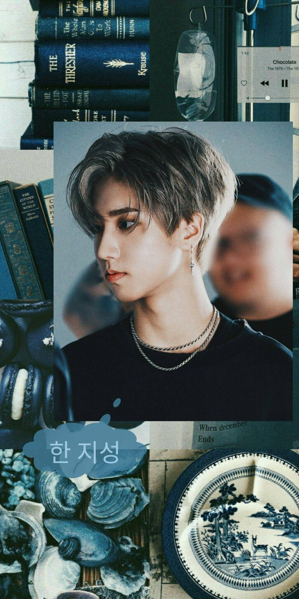 Stray Kids 桌布 壁紙 — 一位短髮造型、佩戴多層項鍊的年輕男子，在復古書籍和藍色圖案陶瓷的拼貼中若有所思地凝視。