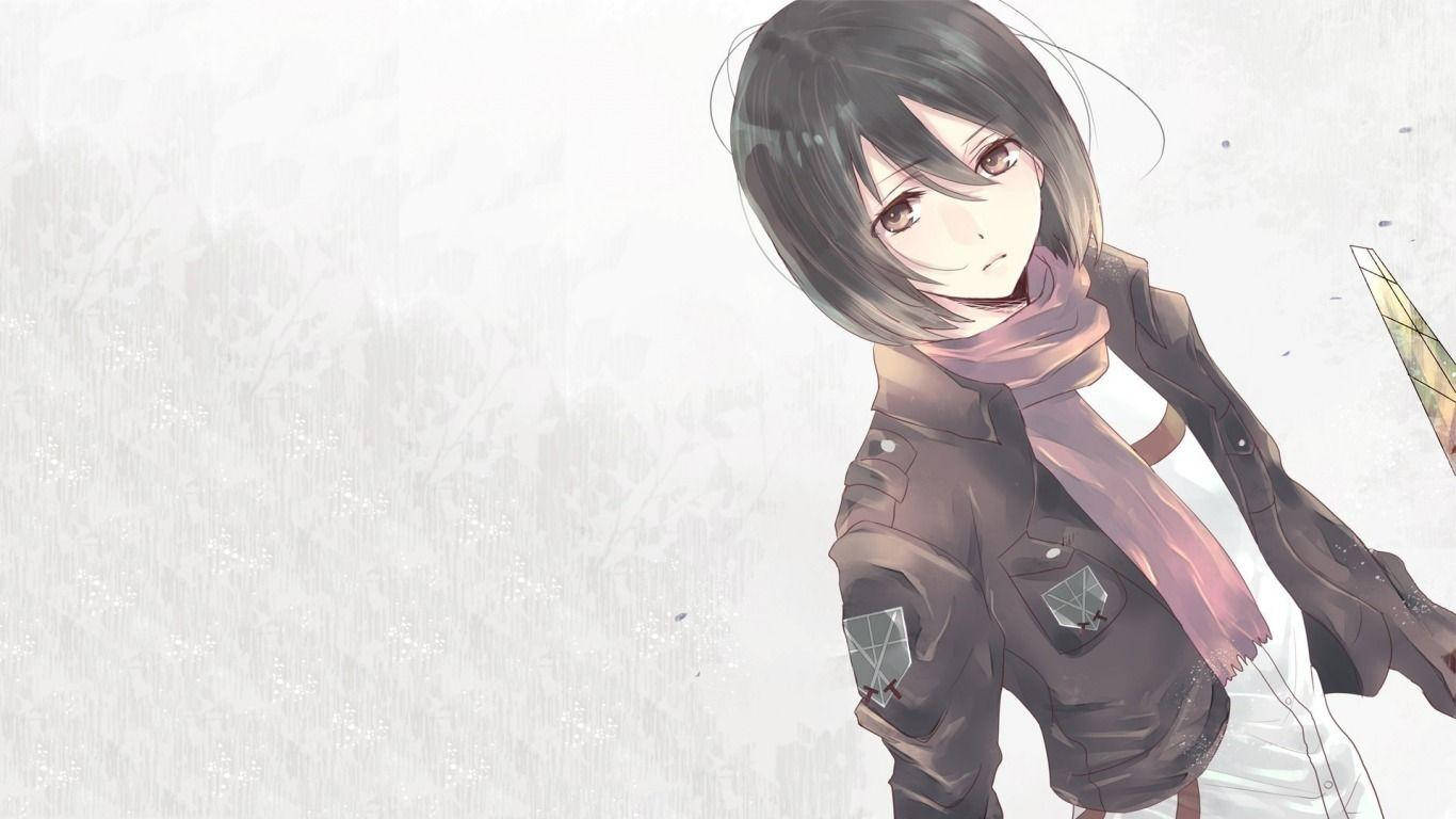 Mikasa 桌布 壁紙 — 一位短黑髮、戴粉紅色圍巾的年輕動漫女孩，身穿帶有徽章的棕色外套，背景為有紋理的灰色。