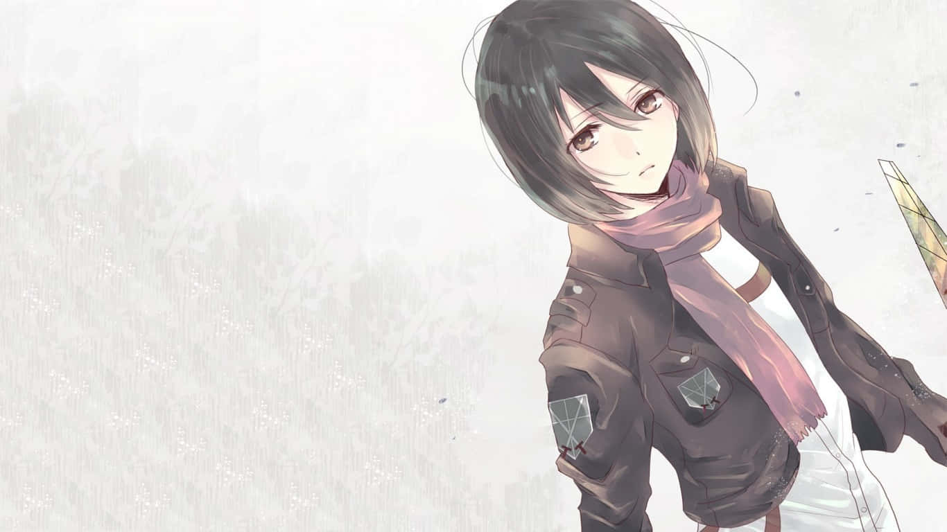 Mikasa Ackerman 桌布 壁紙 — 一位短黑髮、戴粉紅色圍巾的年輕動漫女孩，站在雪景中，身穿帶有徽章的棕色外套。
