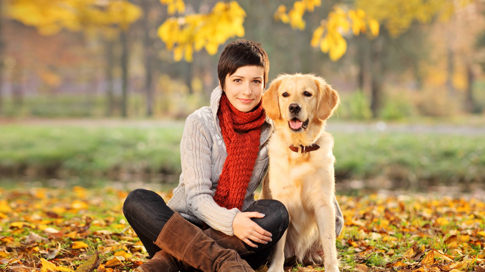 Dog And Girl 桌布 壁紙 — 一位短黑髮、戴紅色圍巾的女性坐在秋日公園的黃葉地毯上，旁邊有一隻黃金獵犬。