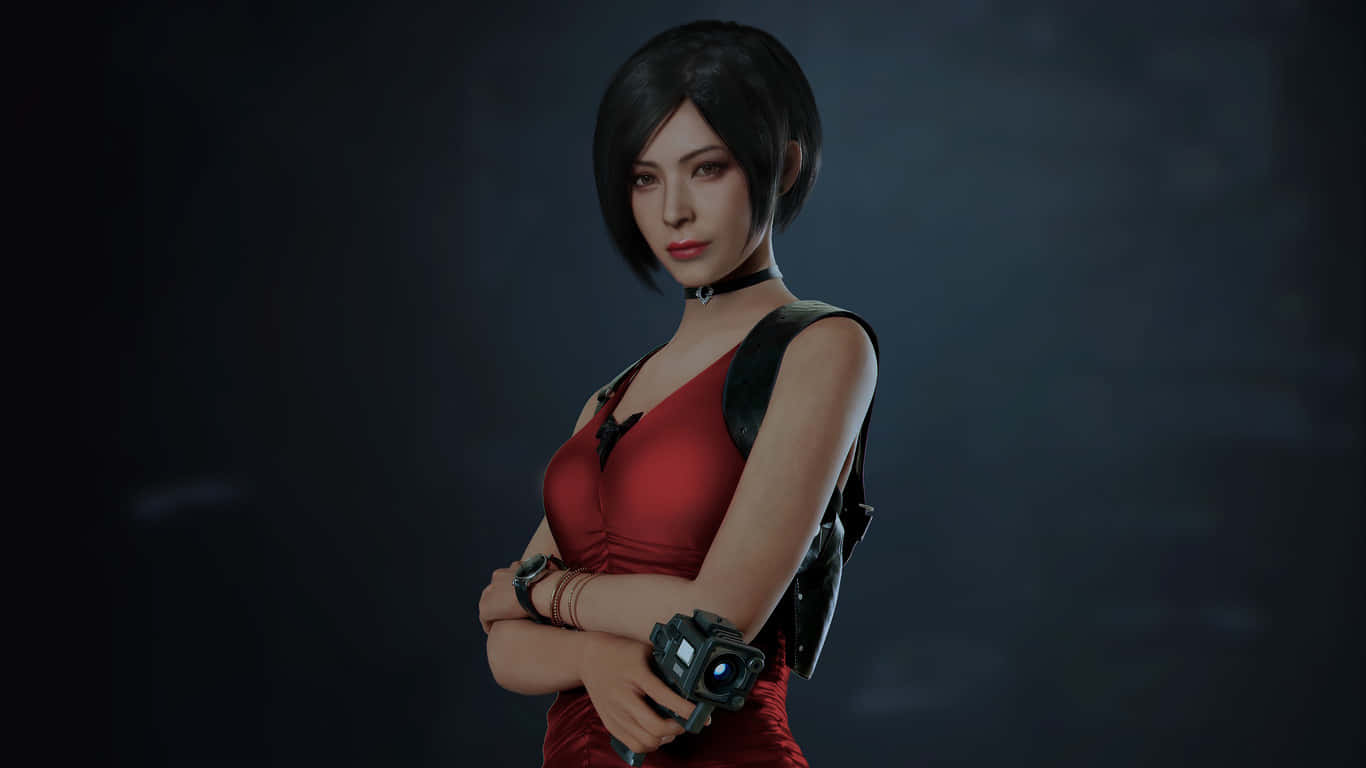 1366x768 Resident Evil 2 桌布 壁紙 — 一位短黑髮、身穿紅色連衣裙的女性站在深色背景前，手持相機。