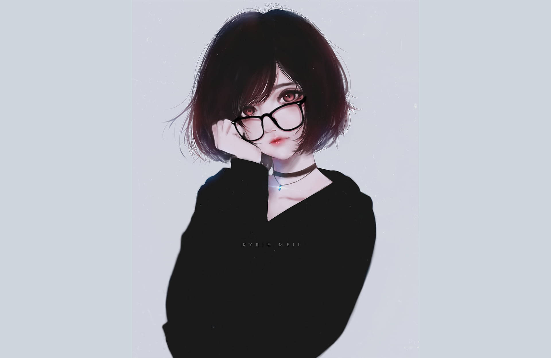 Animated Girl 桌布 壁紙 — 一位短黑髮戴眼鏡的年輕女子，在柔和的灰色背景上將下巴擱在手上。