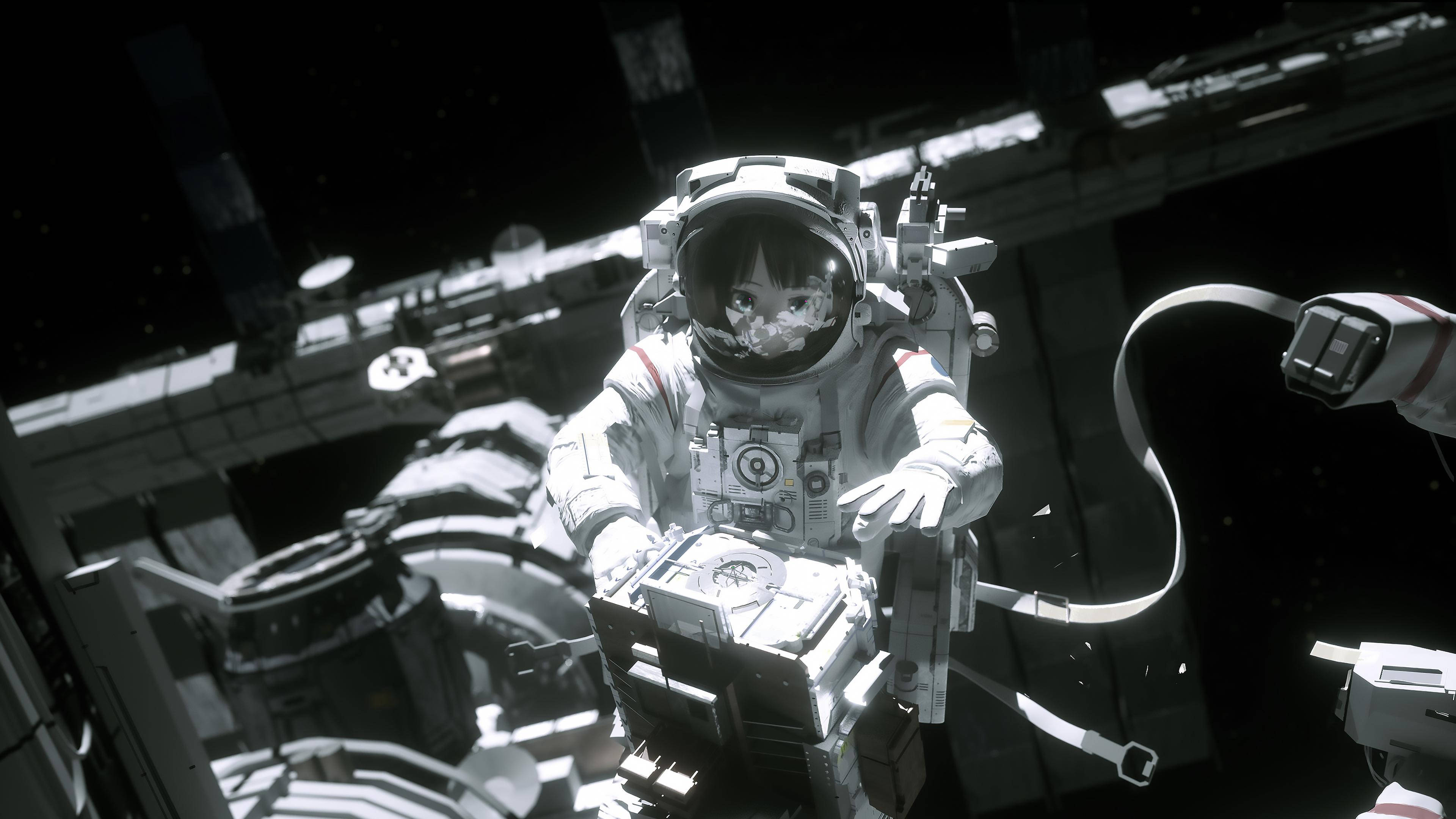 astronaut aesthetic 桌布 壁紙 — 一位短黑髮的動畫太空人，在滿天星斗的虛空中漂浮在太空站外，手持工具。