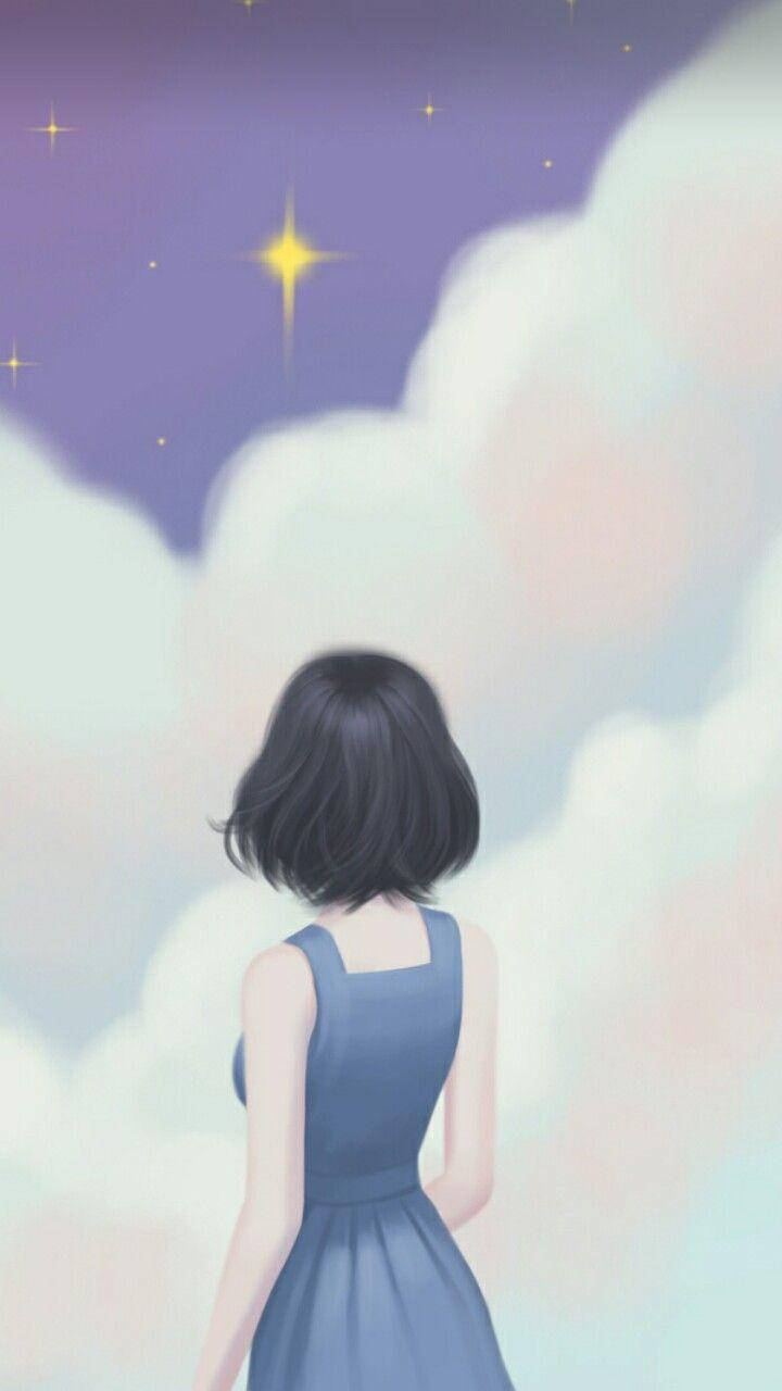 美學 桌布 壁紙 — 一位短黑髮的年輕女子穿著藍色連衣裙，透過柔和的粉彩雲朵仰望閃爍的星星。