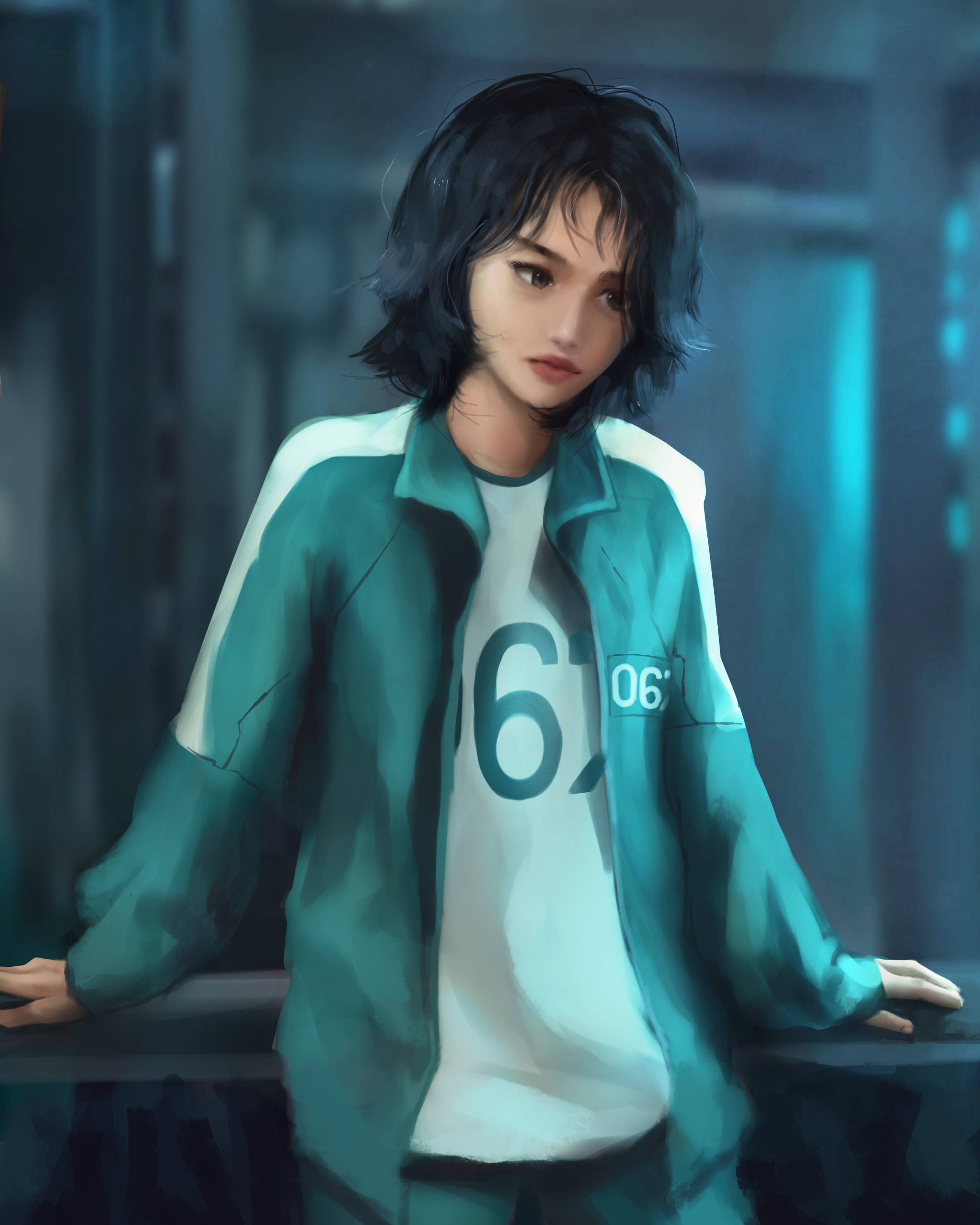 game 桌布 壁紙 — 一位短黑髮的年輕女性穿著青綠色和白色帶數字的連身衣，背景是昏暗的未來風格走廊。