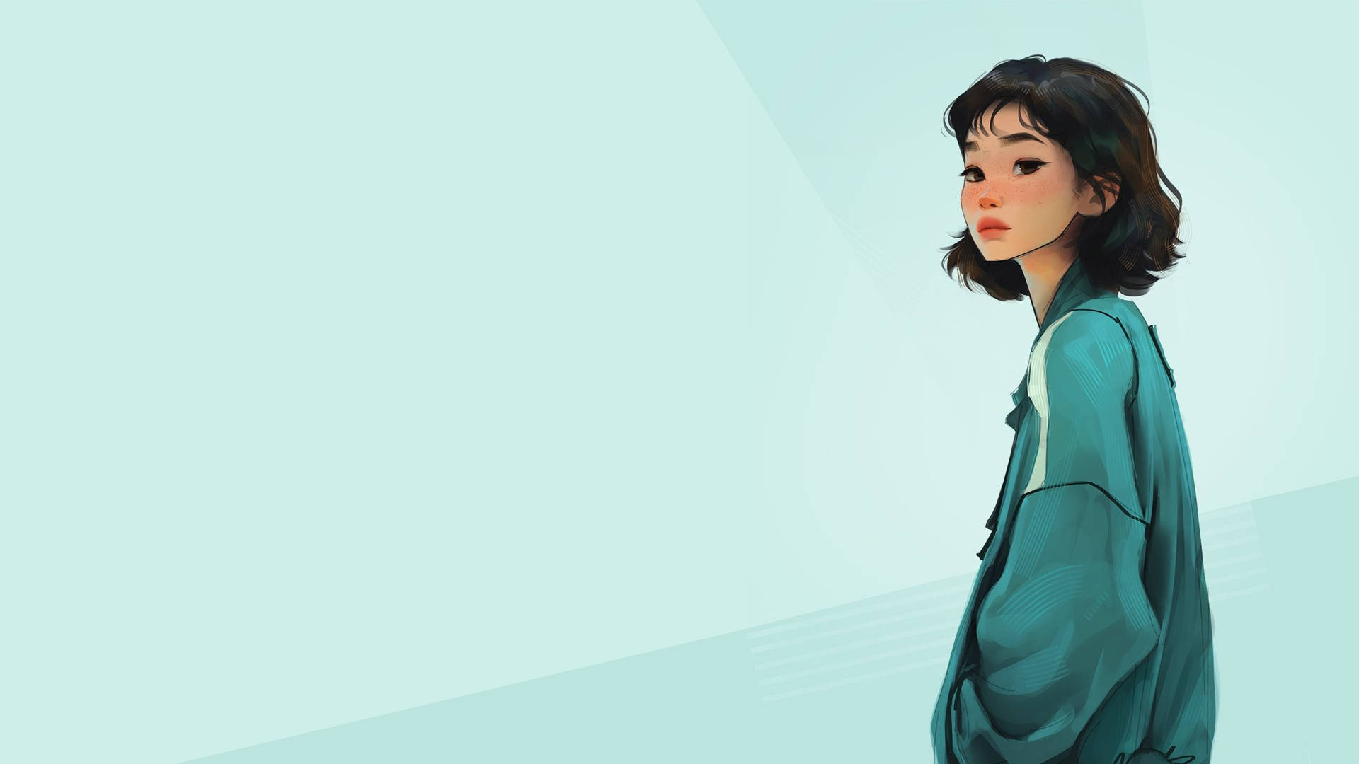 game 桌布 壁紙 — 一位短黑髮的年輕女性穿著青綠色外套，在極簡的淺藍色背景前側面站立。