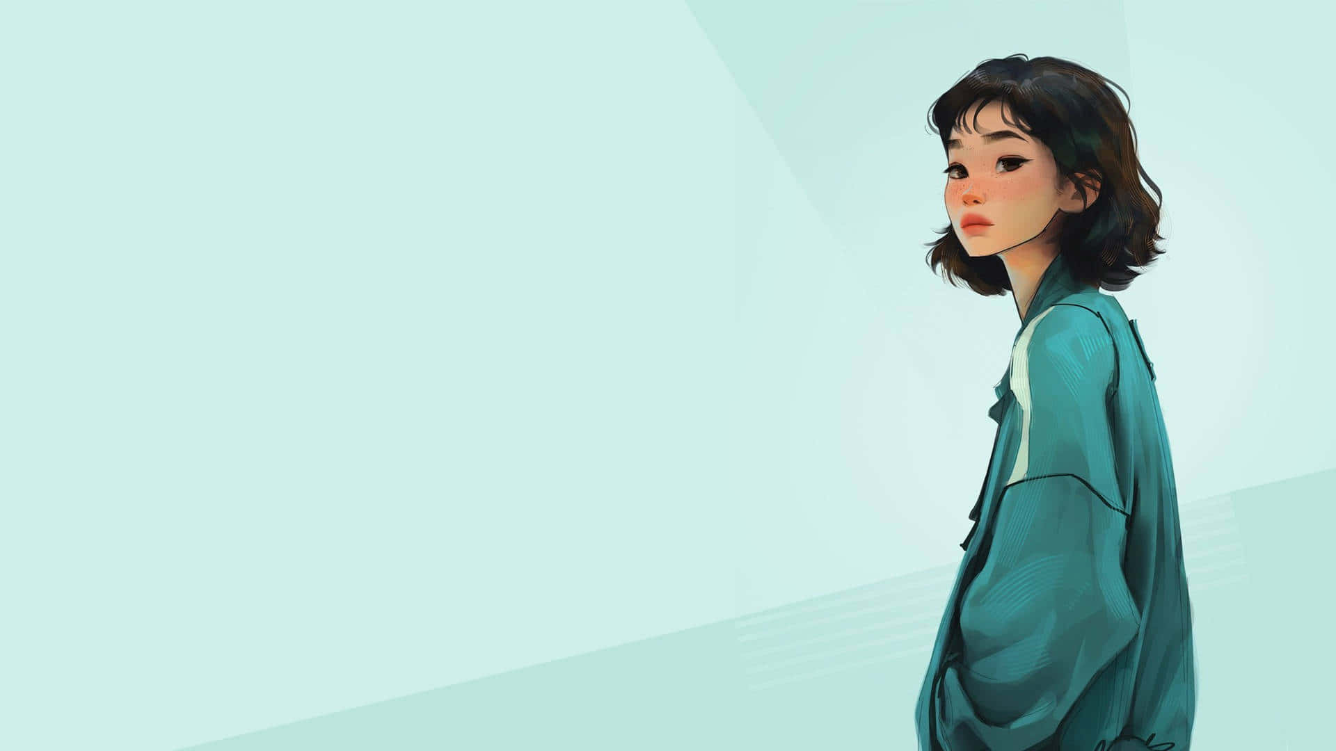 Squid Game 桌布 壁紙 — 一位短黑髮的年輕女性穿著青綠色外套，側身站在柔和的薄荷綠色背景前。