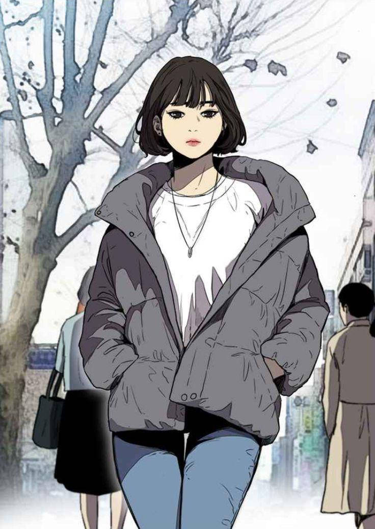 Wind 桌布 壁紙 — 一位短黑髮的年輕女性自信地走在兩旁光禿樹木的積雪城市街道上。