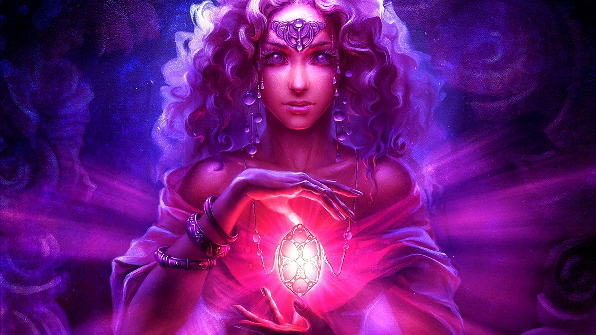 witchcraft 桌布 壁紙 — 一位神秘女子，擁有發光的紫色頭髮，在宇宙般的空靈場景中手持一顆閃耀的水晶球。