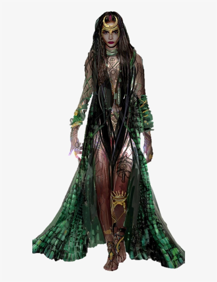 Enchantress 桌布 壁紙 — 一位神秘女子，長長的黑髮，身穿華麗的綠色和金色禮服，飾有複雜的圖案和珠寶。