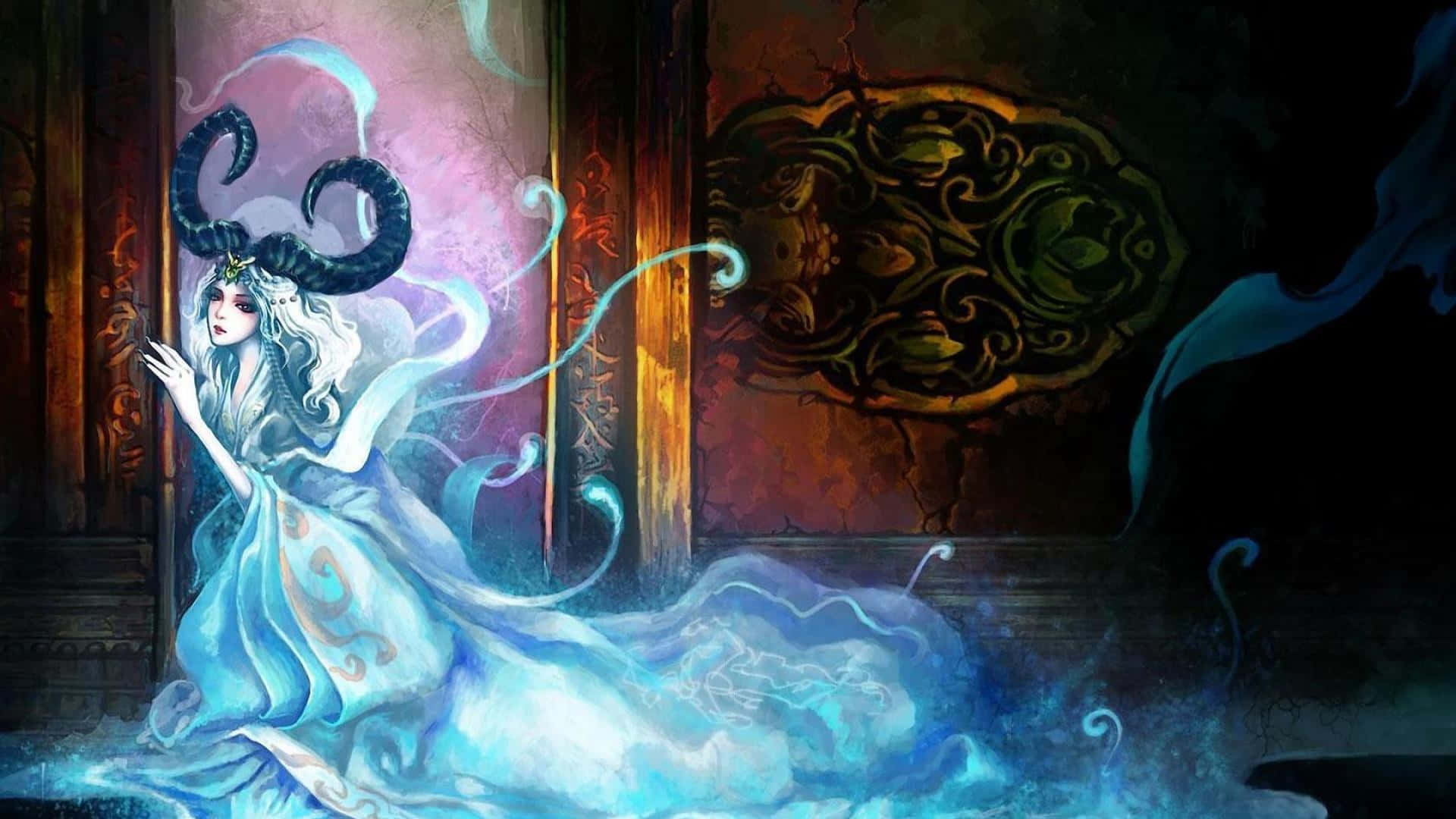 牡羊座 桌布 壁紙 — 一位神秘女子，頭戴黑色角，身穿飄逸藍色長袍，站在一個黑暗華麗的房間中，發光的能量在她周圍旋轉。