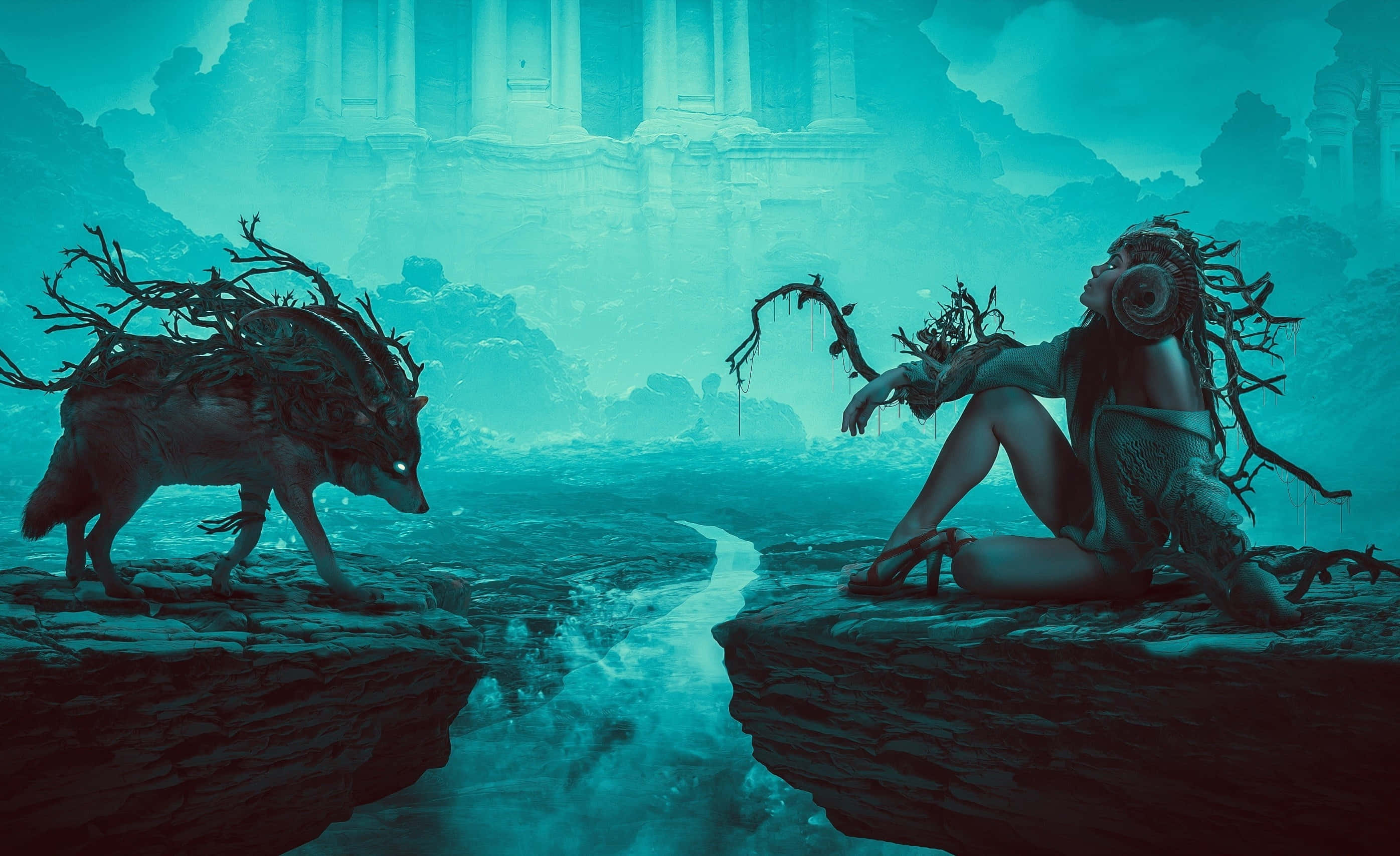 Myths 桌布 壁紙 — 一位神秘女子和一隻樹根狼在古老廢墟下，隔著發光的藍綠色深淵對峙。